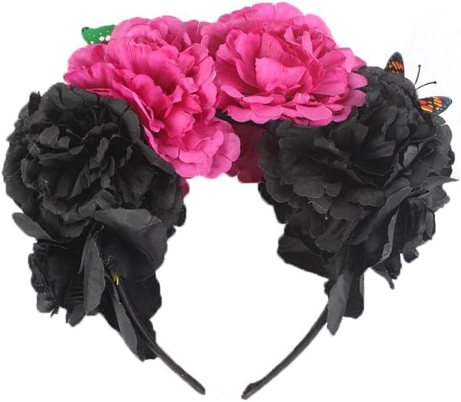 Aoozleny Mexican Flower Crowns Headband, Headpiece for Halloween Festival Party (Red-Black) image number 3