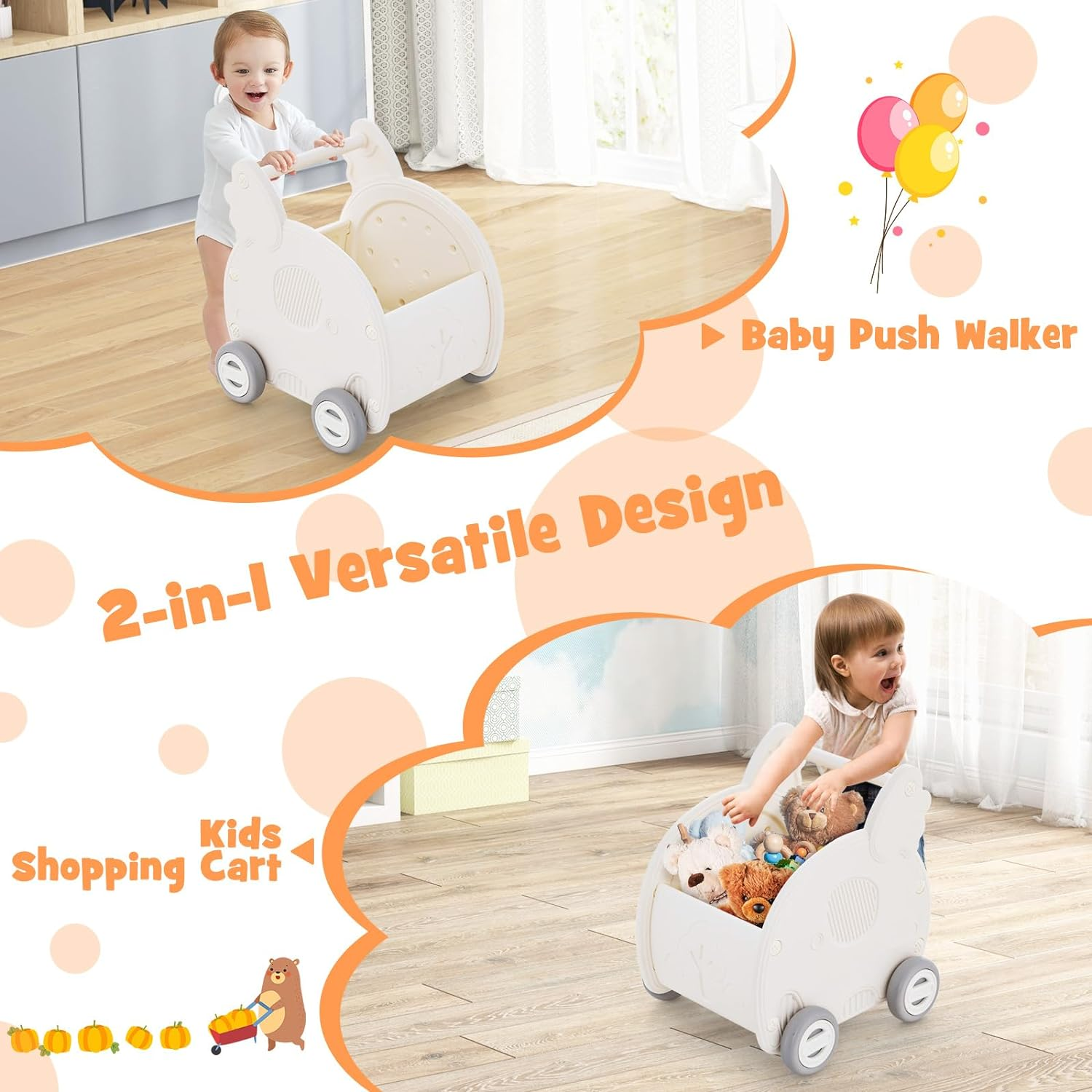 HONEY JOY Baby Walker Push Toy, 4-Wheel Toddler Toy Cart Elephant Shape, Cute HDPE Kids Push Toy W/Wheels & Handle, Baby Push Walker for Boys Girls of 3+ Years Old, White
