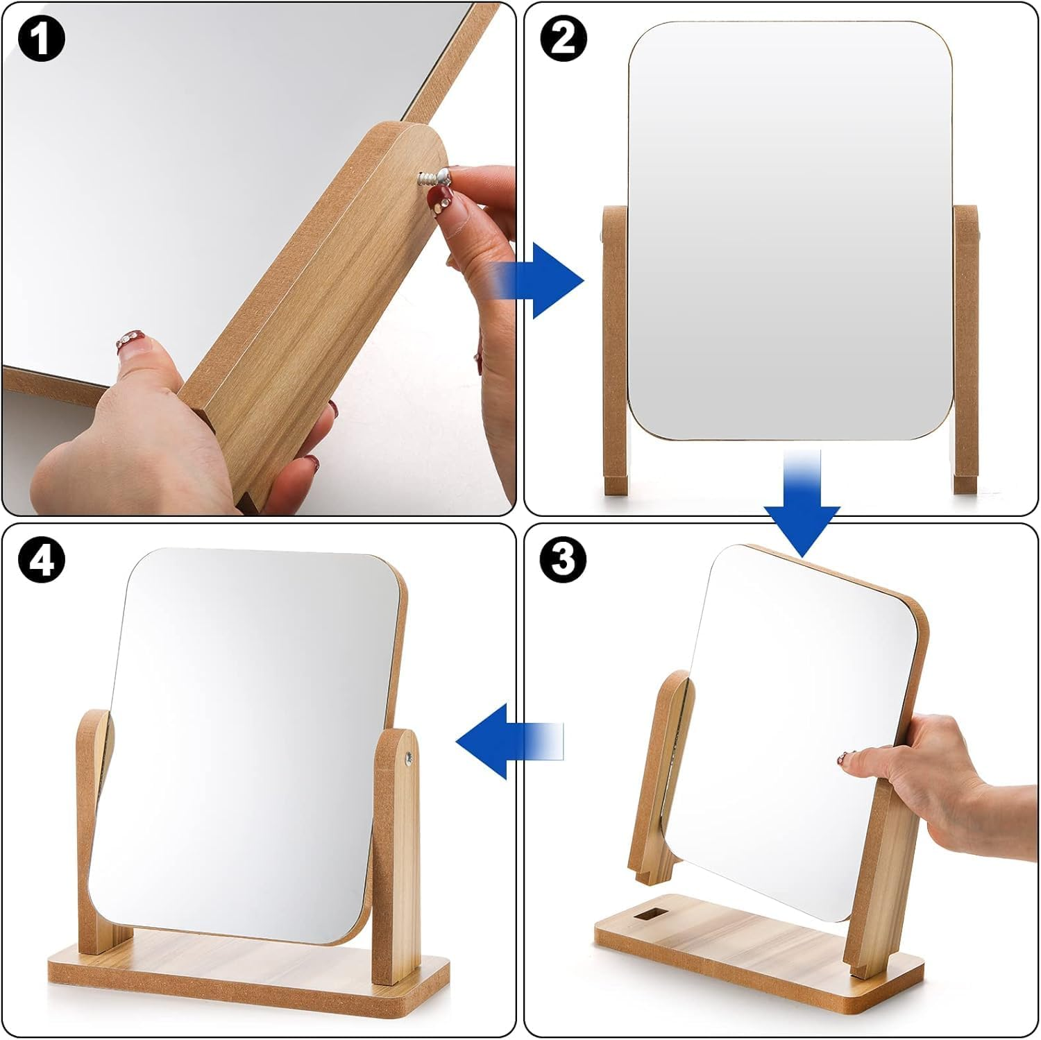 Wooden Vanity Mirror with Stand, Portable Design Wood Table Vanity Makeup Mirrors - Rectangle Wall-Mounted Mirrors Desk Mirrors for Living Room Bedroom (Large) image number 2