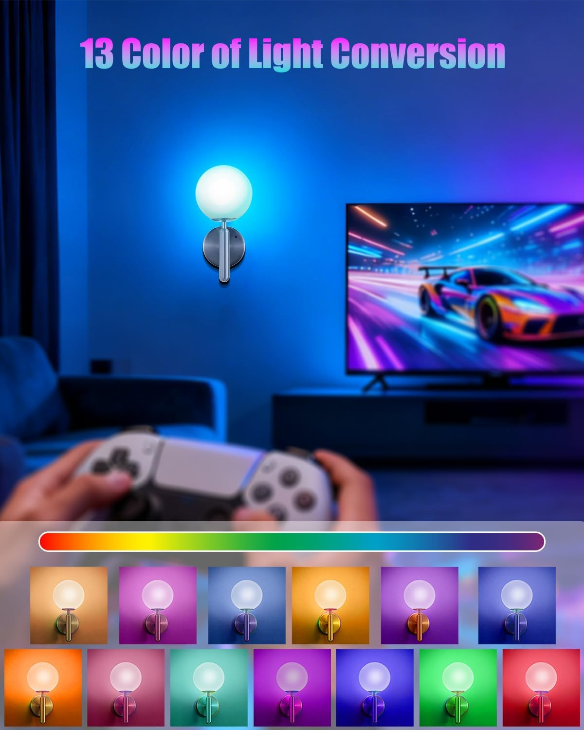 Battery Operated Wall Sconces Set of 2, Rechargeable Wireless Battery Wall Lights with 6000Mah Dimmable RGB Bulbs, 16 Colors Gold Wall Lamps with Remote for Bedroom Living Room Hallway image number 3