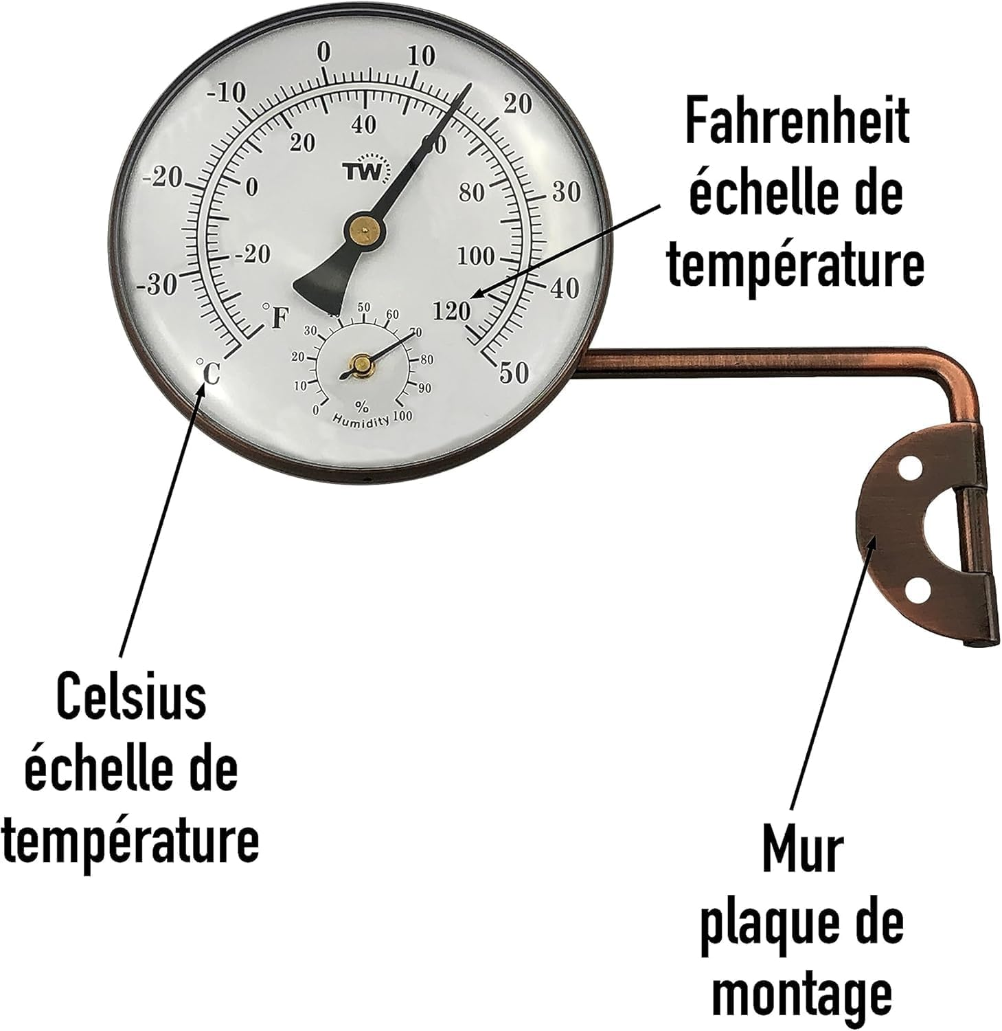 Brass Outdoor Thermometer Hygrometer with Stylish Dial Design - Garden Thermometer Suitable for outside Temperature and Humidity Meter Gauge Wall Greenhouse Garage Swinging Arm for Easy Positioning image number 1