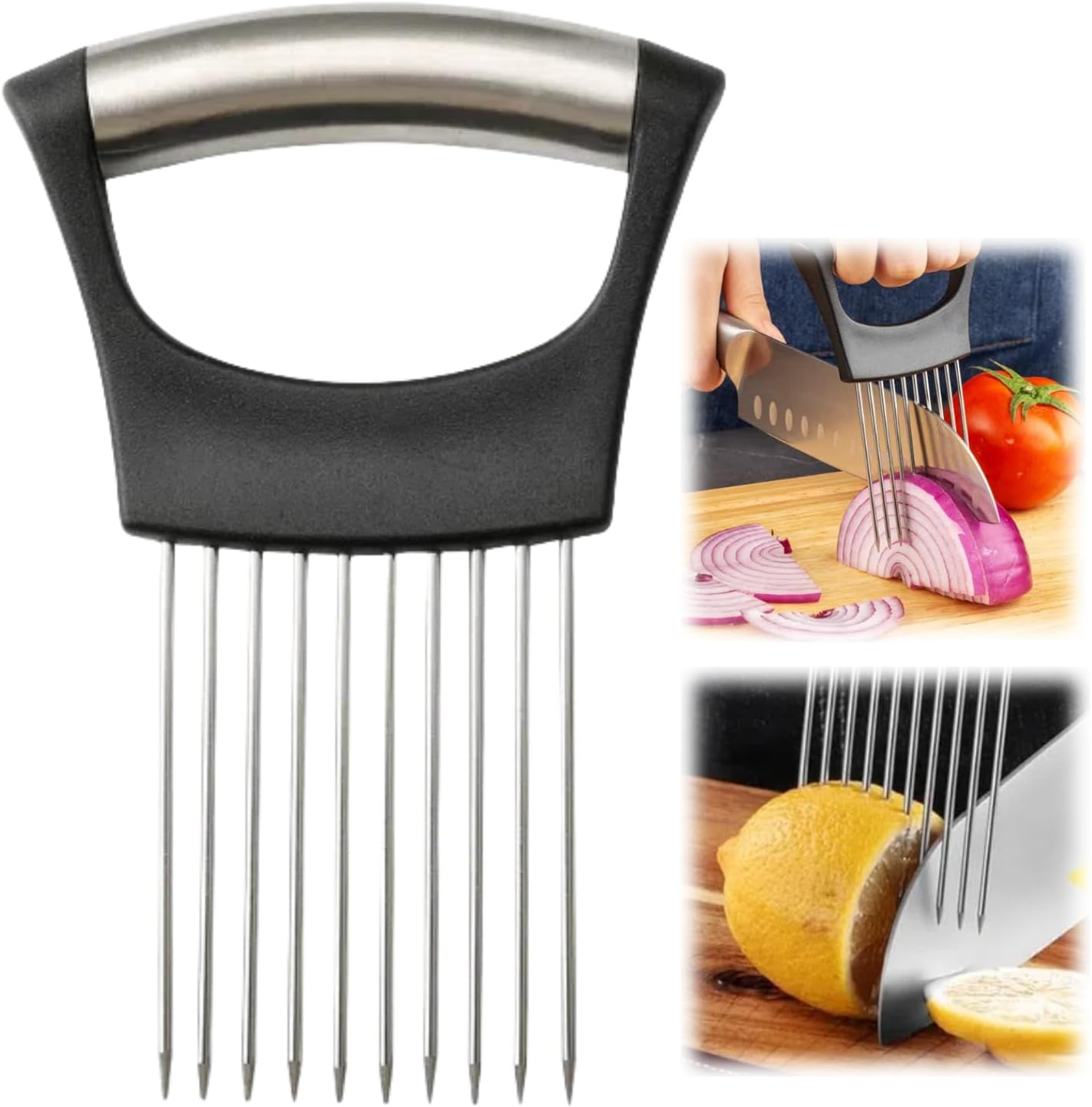 Onion Slice Holder, 2024 New Stainless Steel Onion Holder for Slicing, Chopper Slicing Assistant Tool, Cutter for Slicing of Meat, Onion, Potato, Tomato Kitchen Gadgets (Black, 1 Pack) image number 3