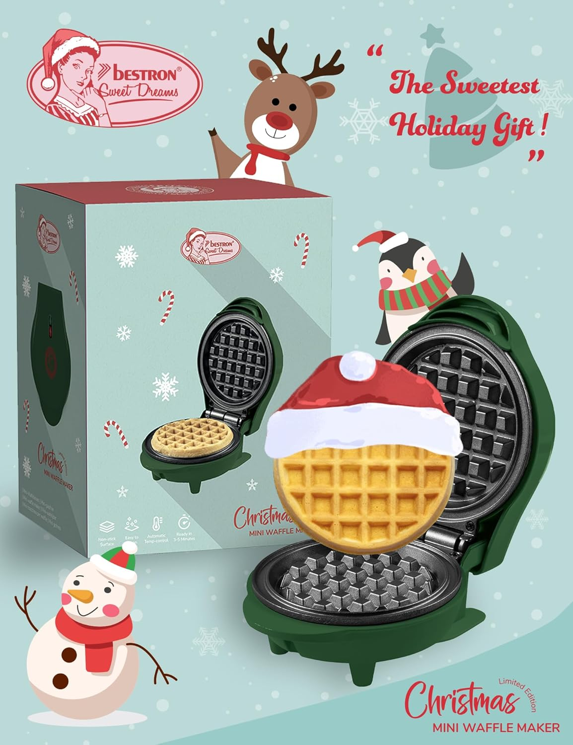 Bestron Mini Waffle Maker in Christmas Edition, Waffle Maker with Non-Stick Coating, Waffle Maker Ideal for Christmas, Parties or as a Gift, Waffle Size: 10 Cm, Colour: Matte Green - Matte Green image number 4