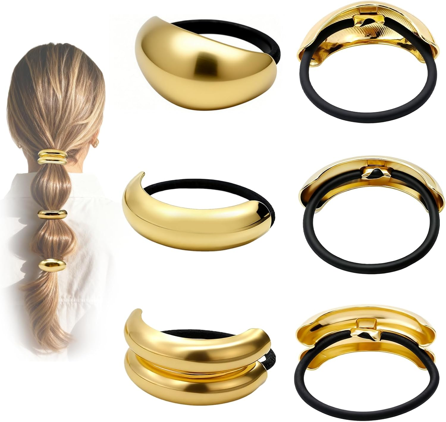Gold Hair Ties - 6Pcs Gold Hair Accessories for Women & Girls, 3 Styles Chic Metal Hair Cuff Non-Damage Ponytail Cuffs Holders for Thick Hair