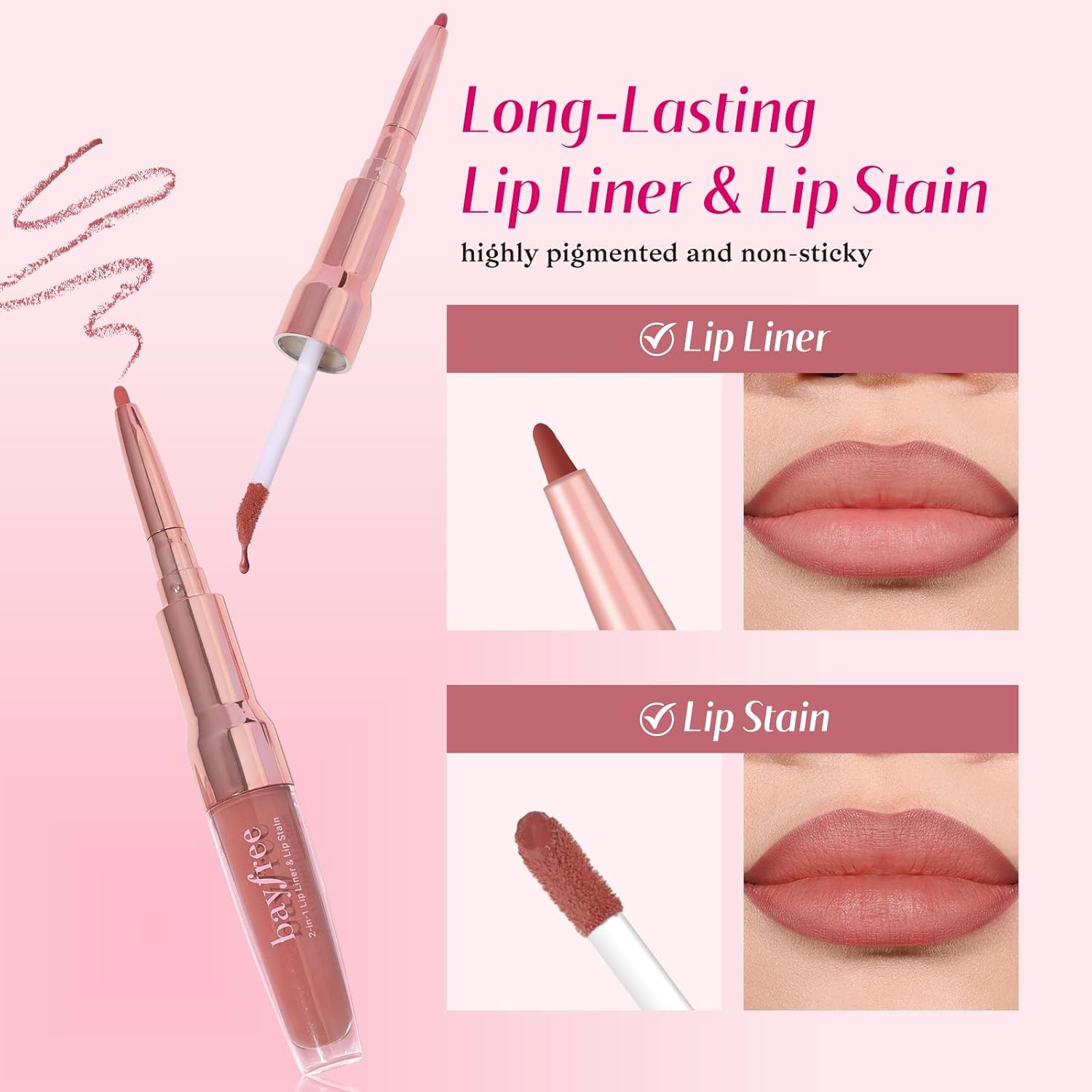 Bayfree 2-IN-1 Lip Liner and Lip Stain, High Pigmented Long Lasting Velvet Lip Tint, Well-Defined Lipliner, Weightless Waterproof Not Animal Tested, Matte Finish Makeup image number 4