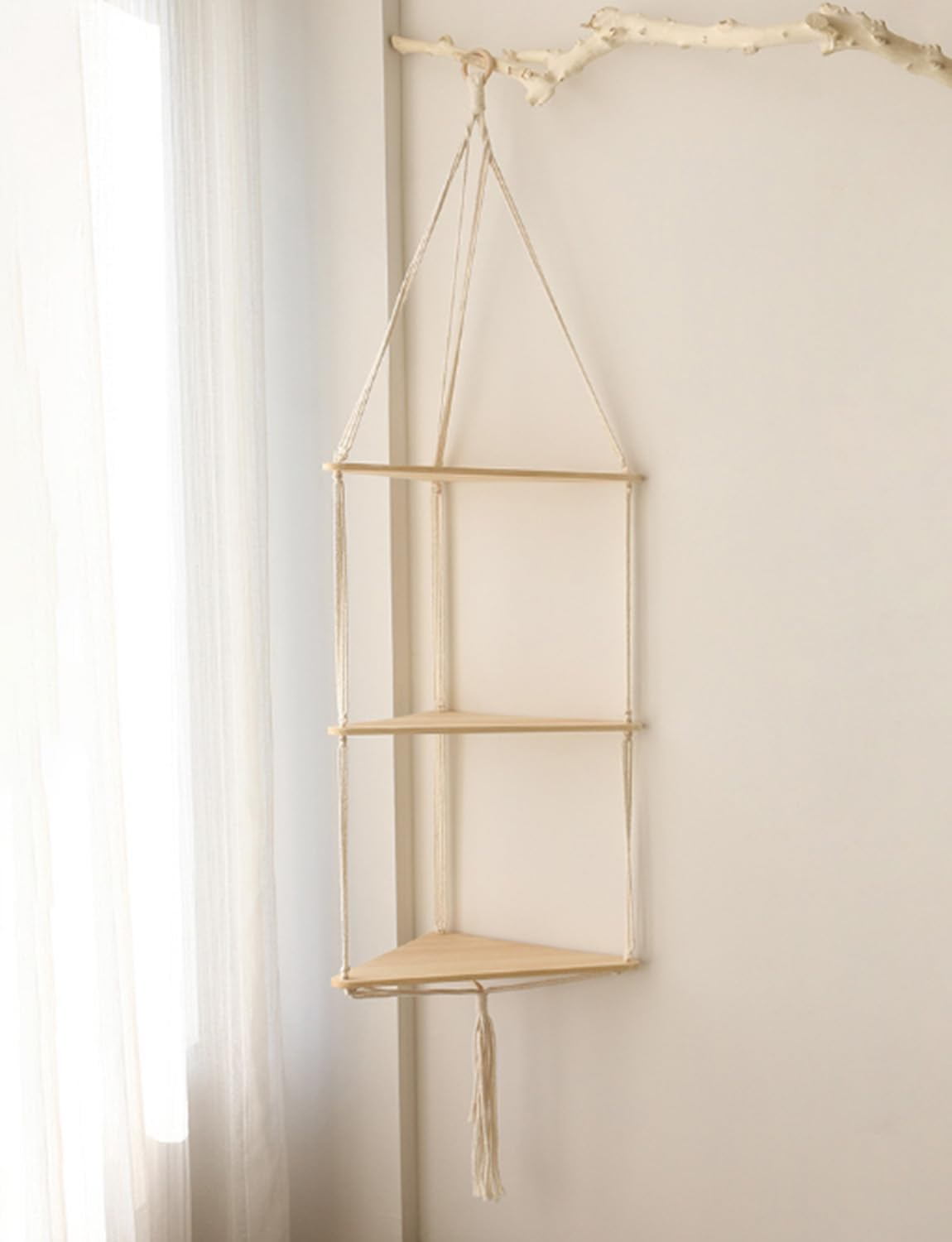 White Corner Floating Shelves Wall Hanging,3 Tier Corner Shelf Plant Wall Decor Boho Rustic Wooden Storage Orgnizer for Bedroom Living Room Pots Photos