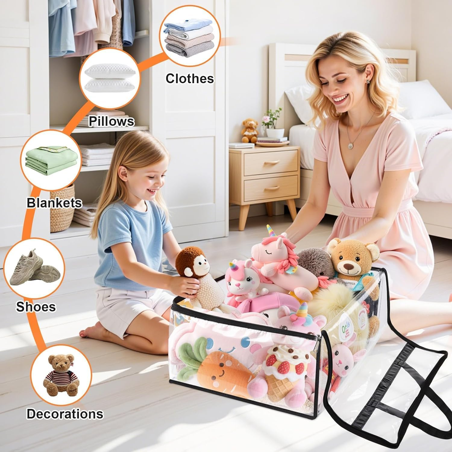 4 Pack Clear Plastic Clothes Storage Bags, 40L Blanket Storage Bag，Foldable Moving Bags with Zipper for Clothes, Reinforced Handle for Loft Wardrobe for Bedding, Comforters, Dolls image number 2