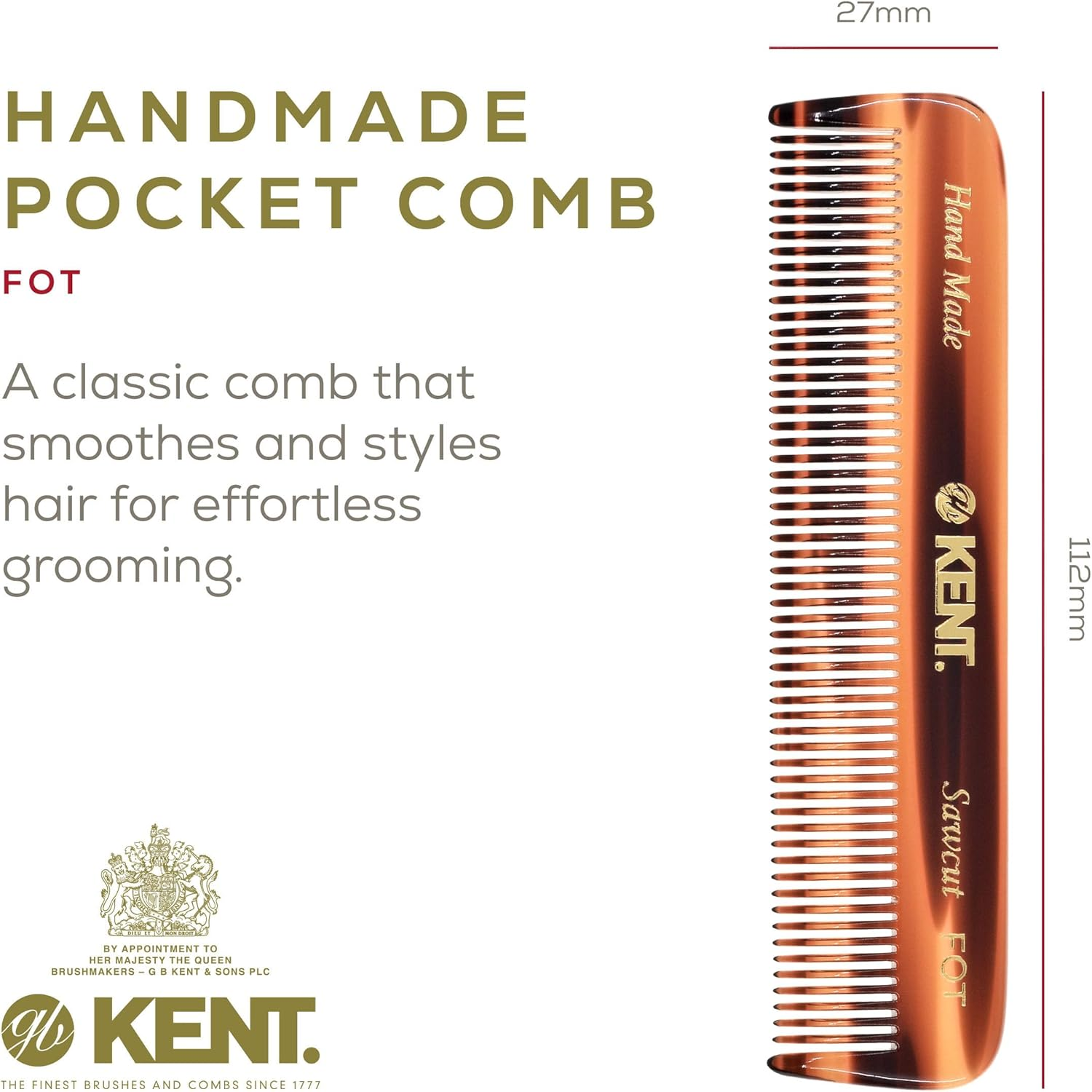 Kent FOT 4 1/2" 112Mm Handmade All Fine Pocket Comb for Styling Medium or Fine Hair (FOT 2-Pack)