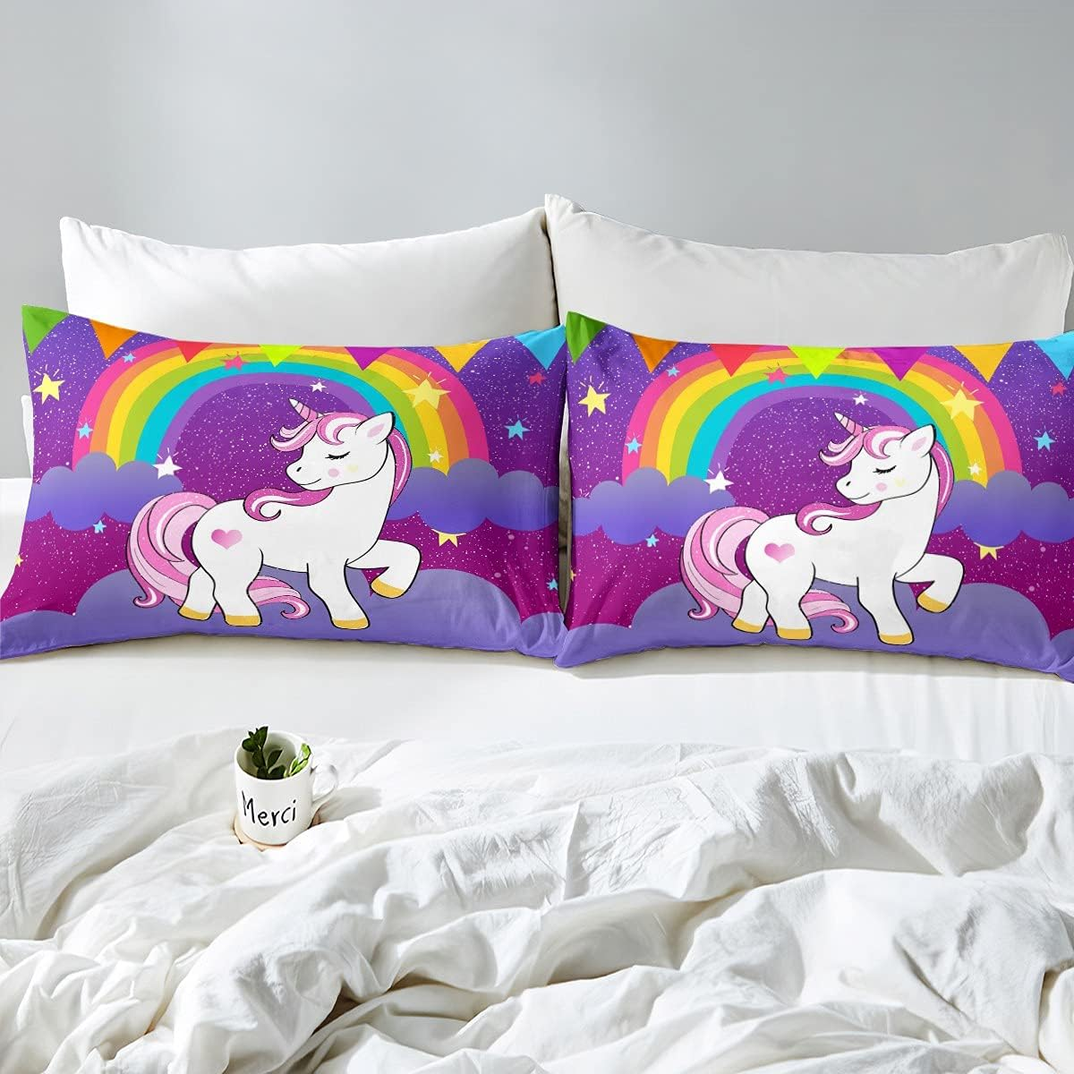 Girls Unicorn Comforter Set Twin Girls Bedding Set Cute Rainbow Unicorn Print down Comforter Kids Cartoon Kawaii Duvet Set Galaxy Stars Fantasy Girls Room Decor Children Unicorn Reversible Purple image number 2