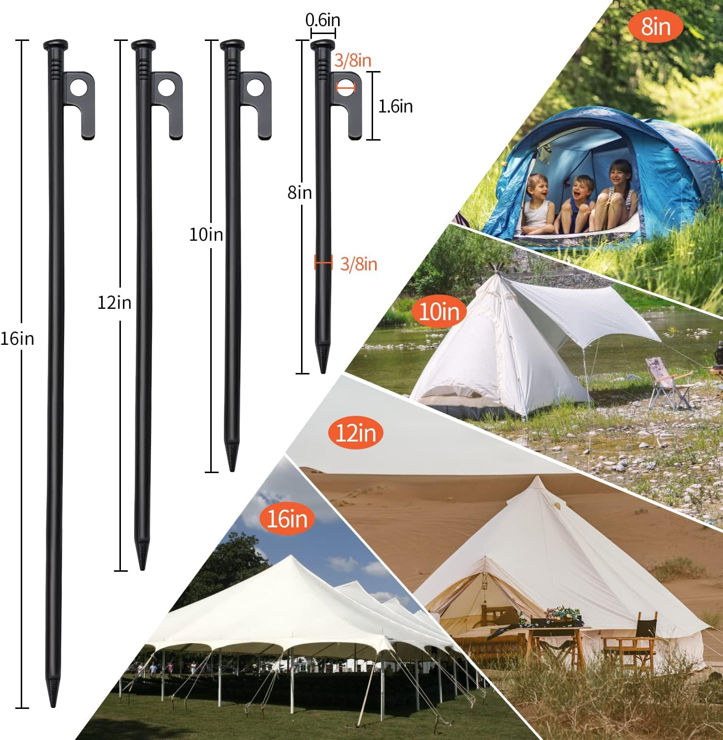 8Pcs Tent Stakes and Hammer Set, 12In Heavy Duty Forged Steel Tent Stakes + Camping Hammer + Storage Pouch, Available in Rocky Place - 8Pcs 12In Stake+Hammer image number 6