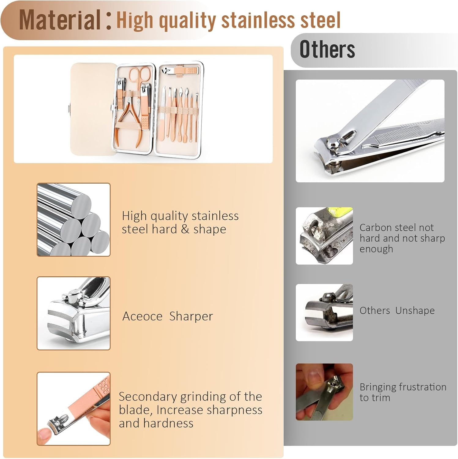 Nail Clippers Set Manicure Pedicure Kit - Manicure Set Women Professional Stainless Steel Pedicure Nail Clipper Tools Aceoce Travel Luxury with Grooming Travel Leather Rose Gloden-12Pcs image number 1