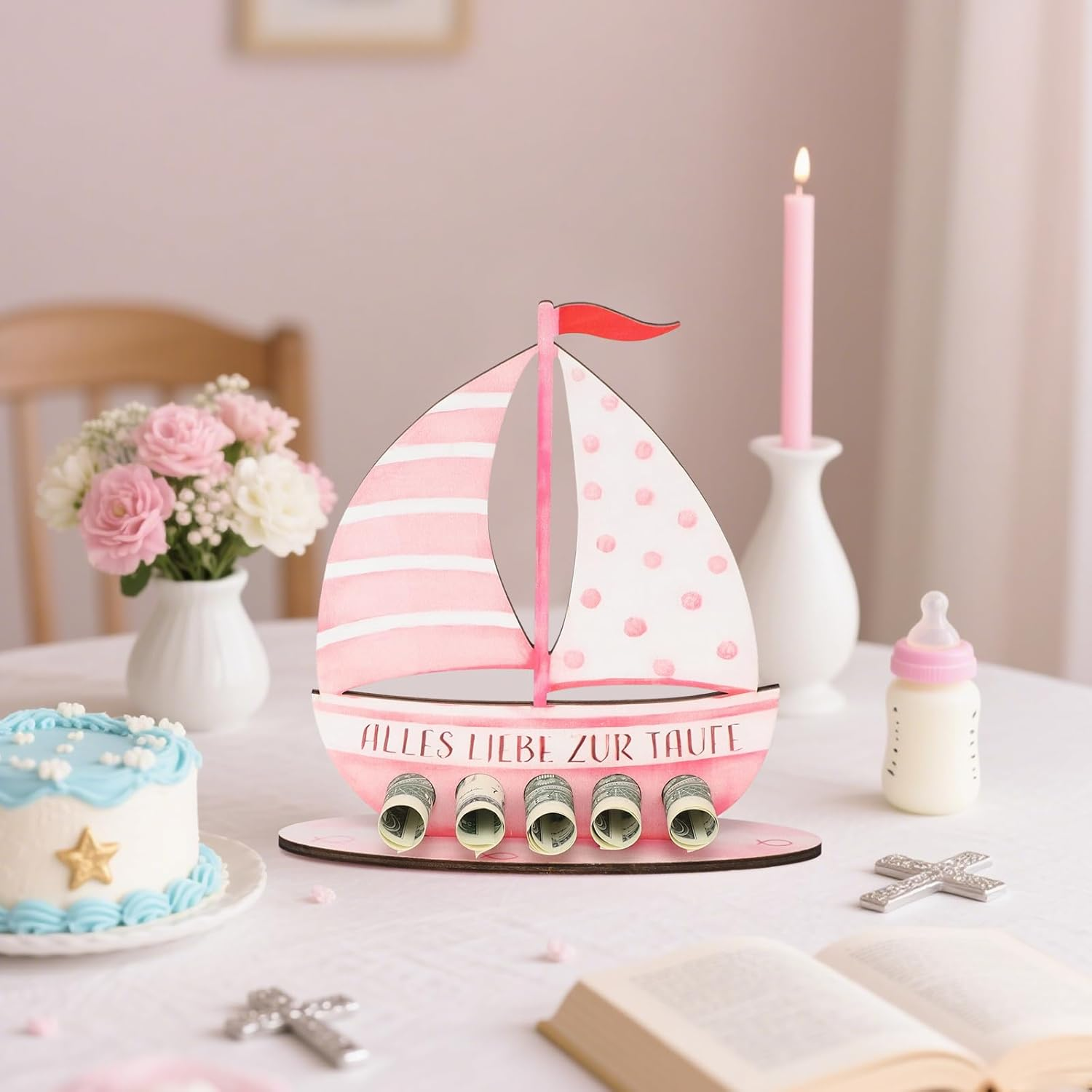 Christening Gifts Boys and Girls, Personal Wooden Sailing Boat as a Christening Gift, with Christening Card, Money Gift Idea, Unique Keepsake for Christening (Pink) - Blue image number 5