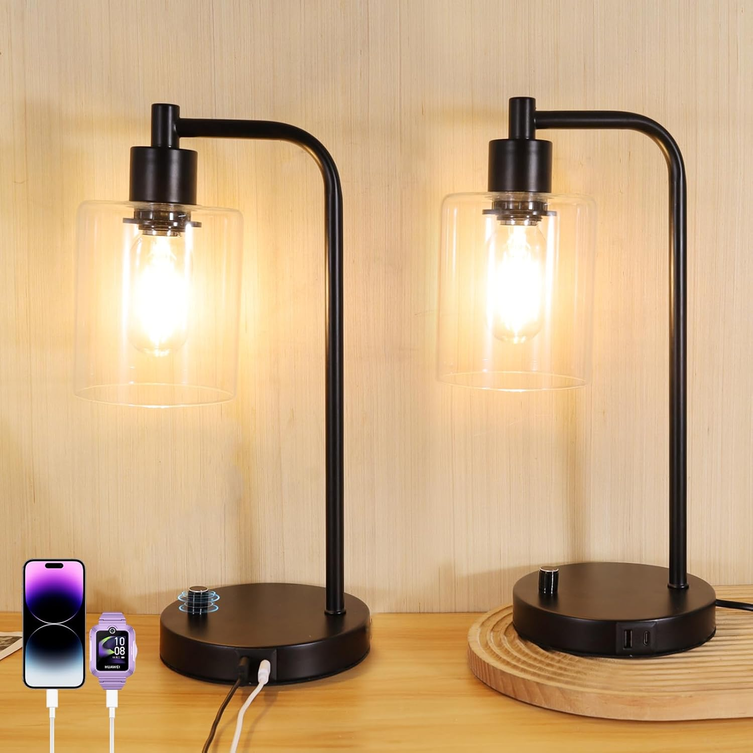 Set of 2 Industrial Stepless Dimmable Table Lamps with USB-A & USB-C Ports &ndash; Metal Base with Glass Shade Bedside Nightstand Lamps for Bedroom & Office image number 4