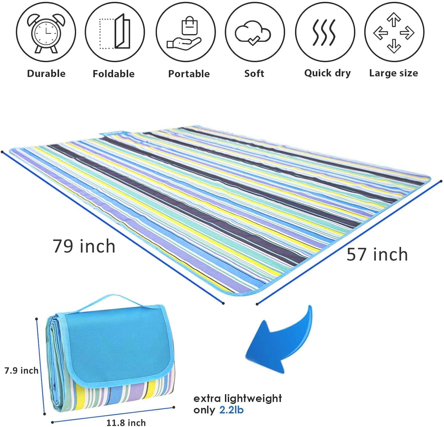 Picnic Blanket Outdoor Picnic Mat Camping Mat Beach Blanket Portable Tersely Mat 79"X57" Extra Large Foldable Waterproof Sandproof Rug for Beach, Camping, Park, BBQ and Music Festivals (Blue Stripe) image number 2