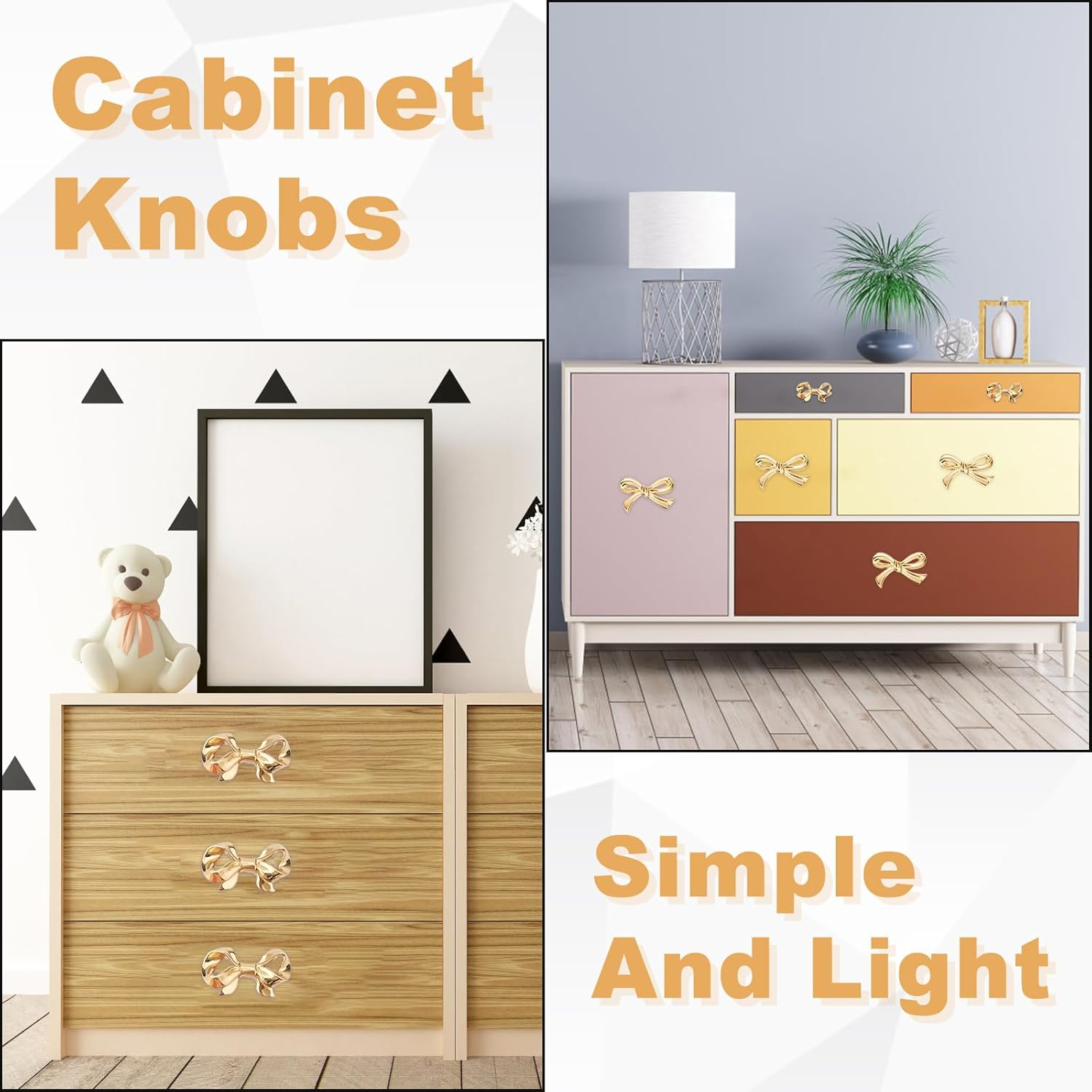 4Pcs Brass Bow Cabinet Knobs, Vintage Bow Gold Dresser Knobs Decorative Drawer Pull Handles for Cupboard Wardrobe Hardware Closet Home Kitchen (2 Styles) image number 4