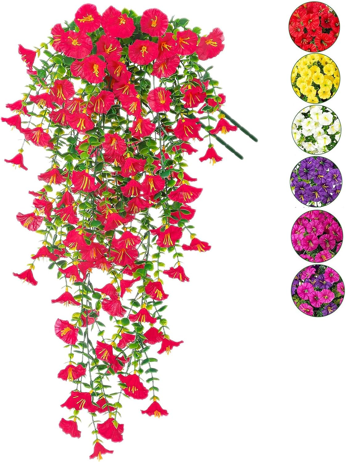 Yimingjin Artificial Fake Hanging Flowers Plants for Spring Decoration, 2PCS Silk Morning Glory Faux Flowers with Eucalyptus Leaves, UV Resistant Trailing Vines Outdoor Home Planter (Red)