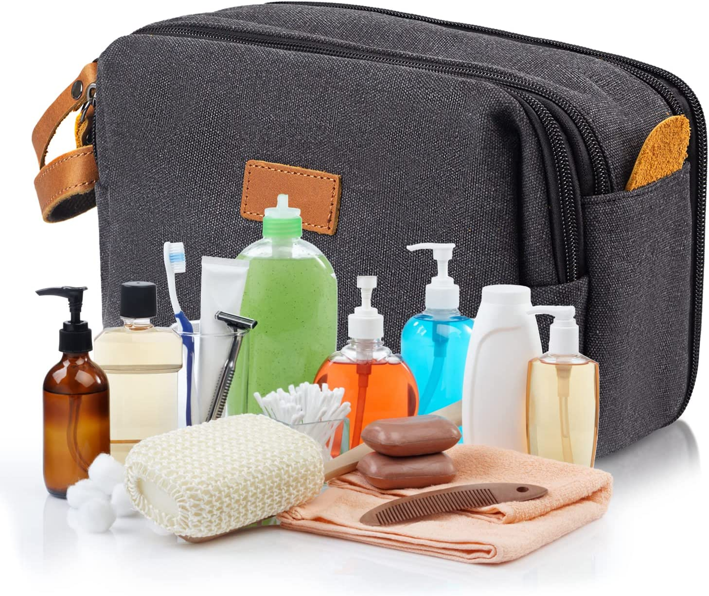 INONIX Men'S Toiletry Bag, Leather and Canvas Travel Toiletry Organizer Bag with Large Capacity, Dopp Kit for Men, Travel Bathroom Bag, Water-Resistant Shaving Bag for Toiletries Accessories