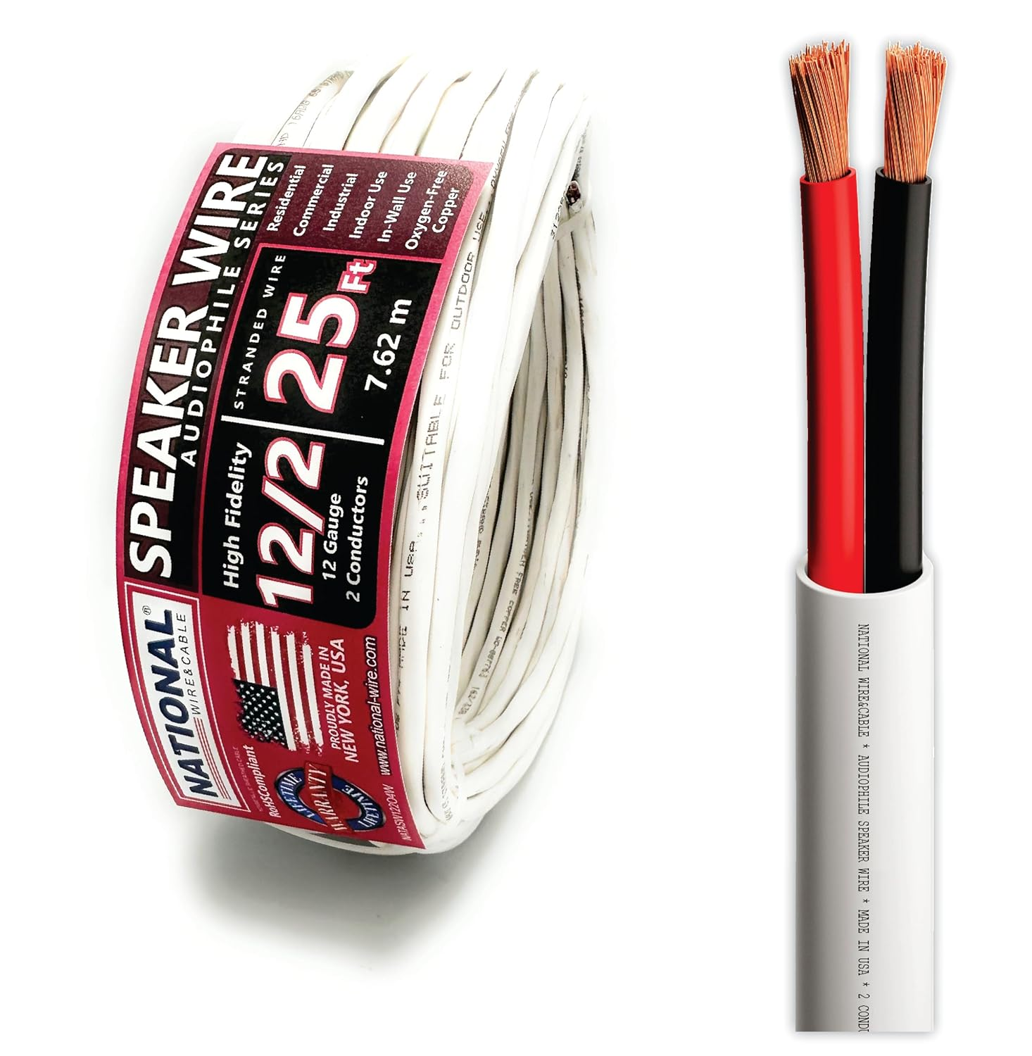 NATIONAL Wire&Cable - 14/2 Audiophile Speaker Wire (200 Feet) 14AWG Gauge - Made in USA - in Wall Audio Speaker Wire Cable/Cl Rated/Etl Listed / 2 Conductors - OFC Oxygen-Free Copper, White 200Ft