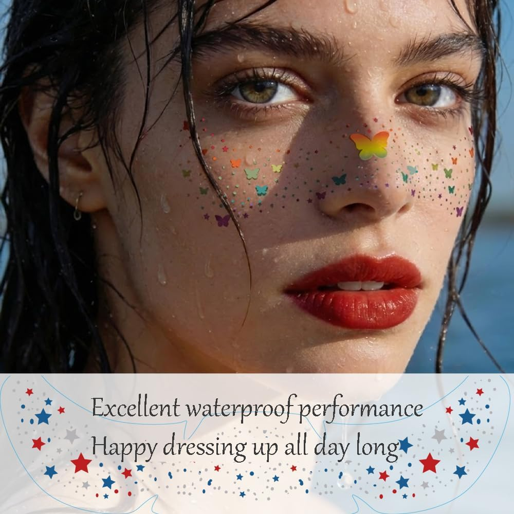 Face Glitter Temporary Tattoos, Pride Freckles Face Tattoo, Glitter Sticker, Rainbow Stars Hearts Butterflies Design, Parade Festival, Pride Day (10 Sheets) image number 4