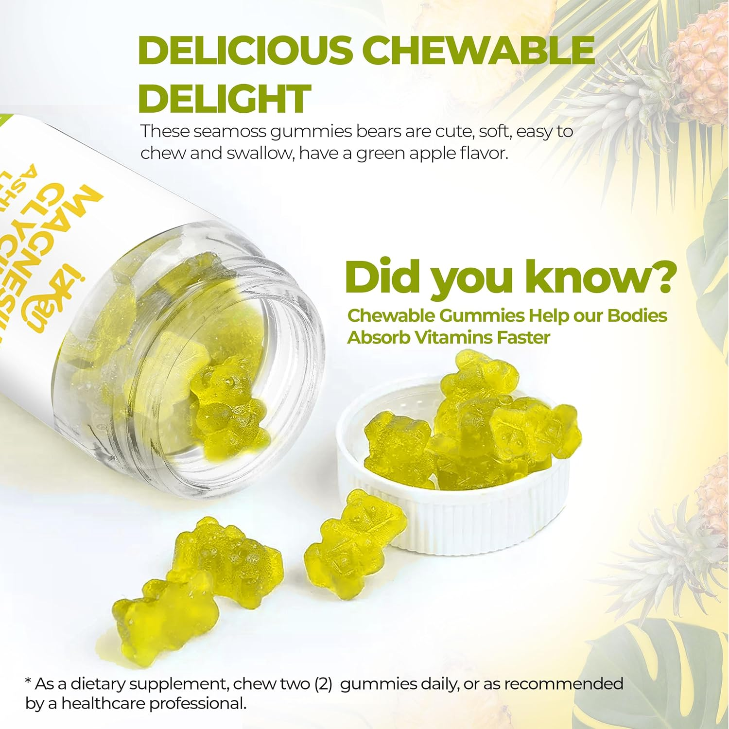 Magnesium Glycinate Gummies 800Mg - Sugar Free Magnesium Supplement with Ashwagandha, Lemon Balm Extract & Coq10 for Sleep, Stress & Muscle Relief & Nerve Health, No Melatonin, - 60 Gummies (Pineapple Flavor) (1) image number 3