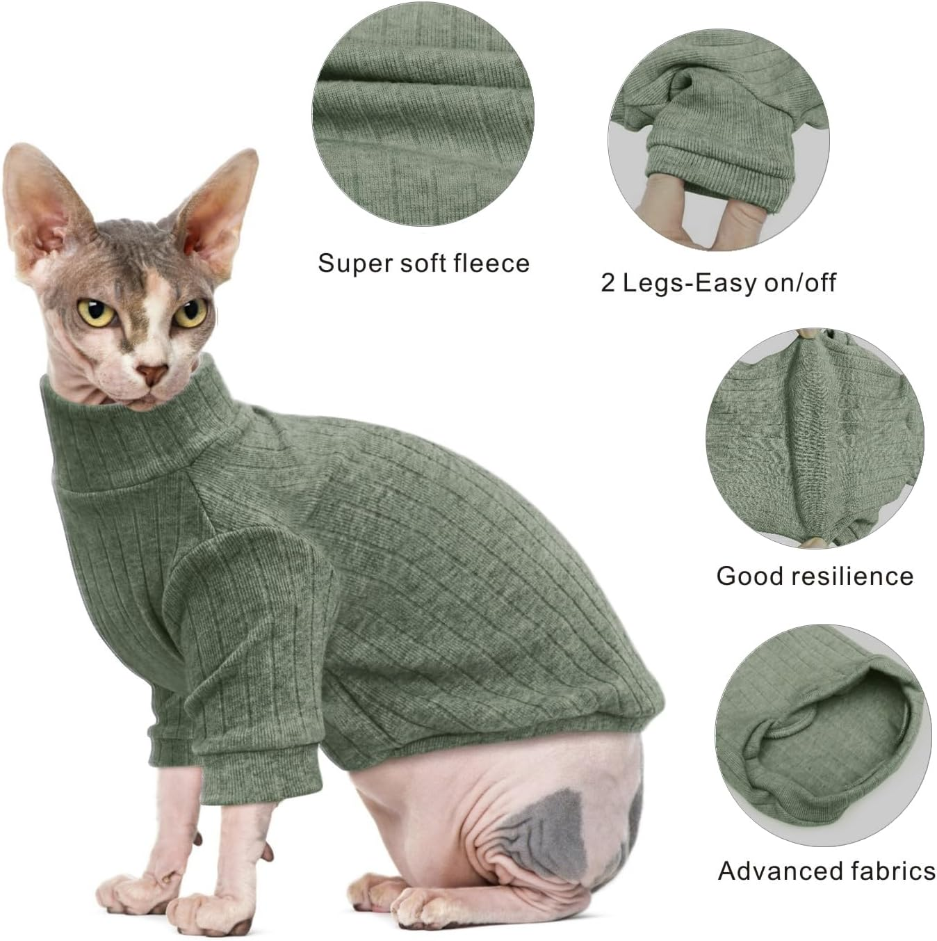 Oslueidy Sphynx Hairless Cat Vest, Turtleneck Jumper, Long Sleeve One-Piece Cat Clothing, Cat Bodysuit, Kitten Cat Jumper Shirts for Sphynx Cornish Rex Devon Rex Peterbald (Green, XXL)