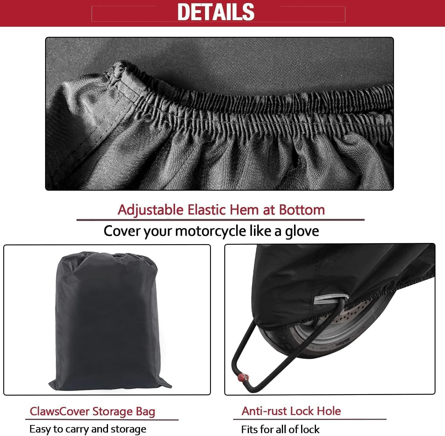 Clawscover 116" XXXL Motorcycle Covers Waterproof Outdoor,Heavy Duty Fadeless 420D Polyester Cloth All Season Anti-Uv Touring Scooter Cover Accessories,For Harley Davidson Honda Kawasaki Yamaha Suzuki image number 5