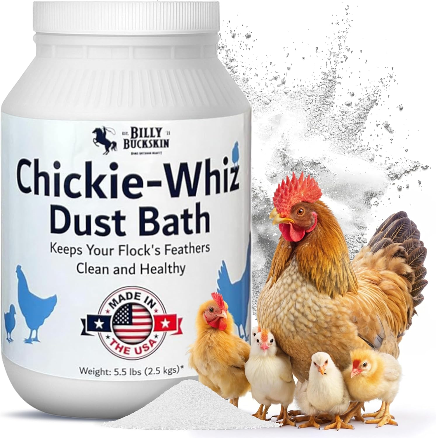 BILLY BUCKSKIN HOME & BEAUTY Chickie - Whiz Dust Bath, Chicken Dust Bath, Keeps Feathers and Chickens Healthy, Durable Tub with Screw Cap, 5.5 Lb