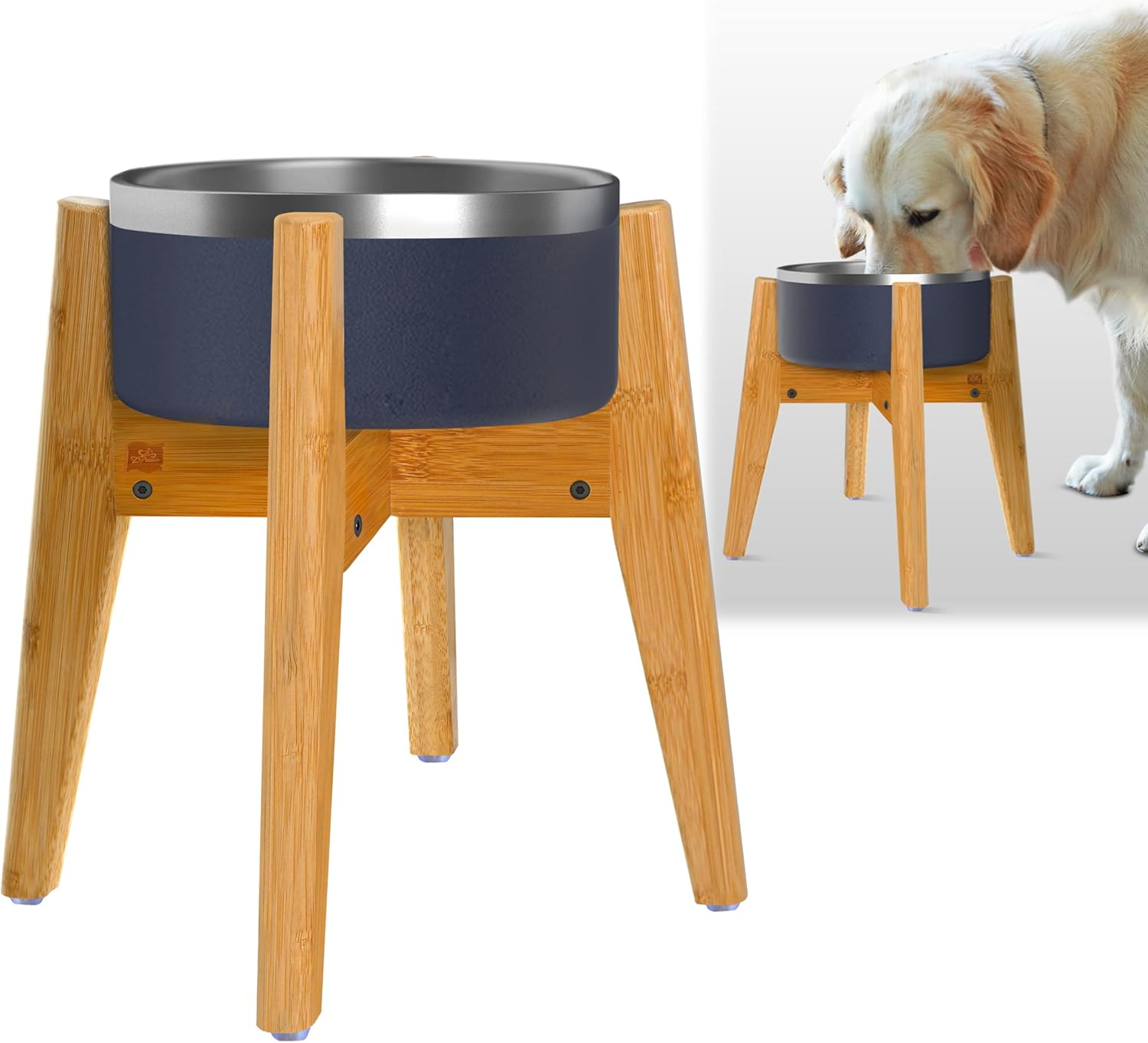 Adjustable Dog Bowl Stand - Raised, Elevated Food Bowl Holder - Width (Extendable 7-10 Inches) - Natural Bamboo
