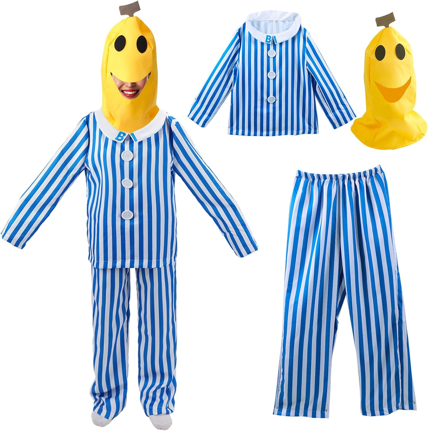 Holiday Adult Blue Striped Pyjamas with Bananas Head B1 or B2 Role to Play Costume