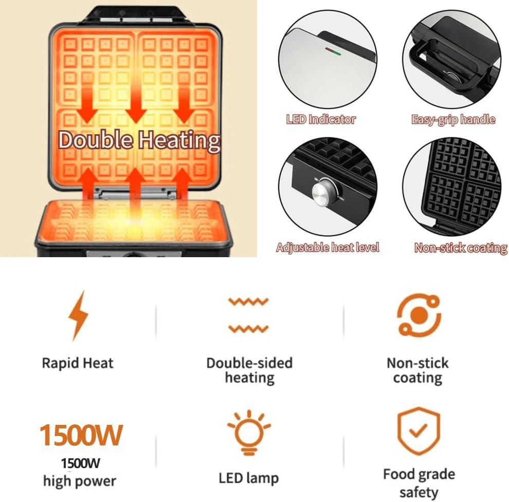 Frafuo 4-Slice Waffle Maker-1500W Square Waffle Iron-Portable Stainless Steel Kitchen Appliance-Thick Waffle Maker-Waffle Machine-Non-Stick Baking Surface（Au Plug） image number 3