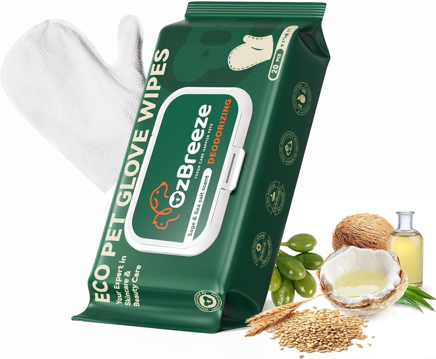 ECO PET Glove Wipes &ndash; Dog & Cat Cleaning Gloves Wipe | Bath Wipes with Coconut Oil, Sea Buckthorn, Kakadu Plum, Oat Extract | Pet Grooming Paw, Fur & Butt Wipes | Glove-Style Wet Wipes