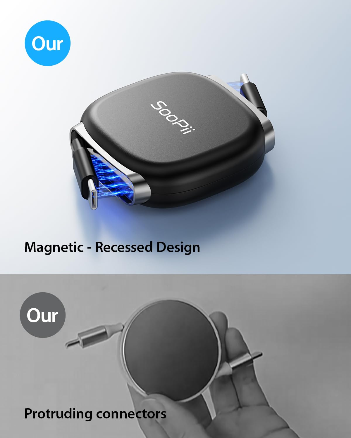 Soopii USB C to USB C Cable, 240W Retractable USB C Fast Charging Cable with Mag Snap Storage, 5-Stage Length Preset Type C Cable for Lphone 16/15 Pro Max, Galaxy S25/24 (Black 3.3FT) image number 3