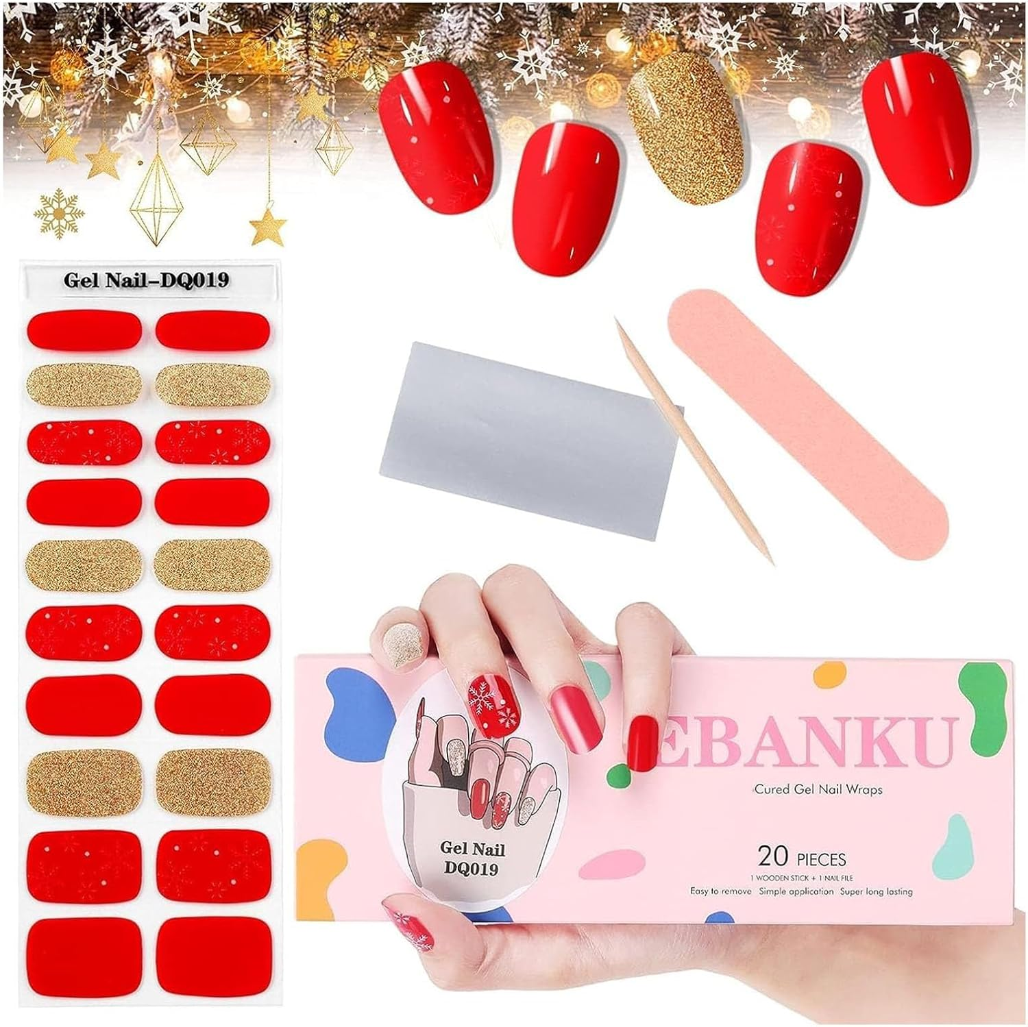 EBANKU Christmas Gel Nail Strips, Golden Red Gel Polish Strips - Long Lasting, Waterproof Full Nail Wraps - Includes Stick, File, Wipes & Sealing (UV/LED Lamp Required)