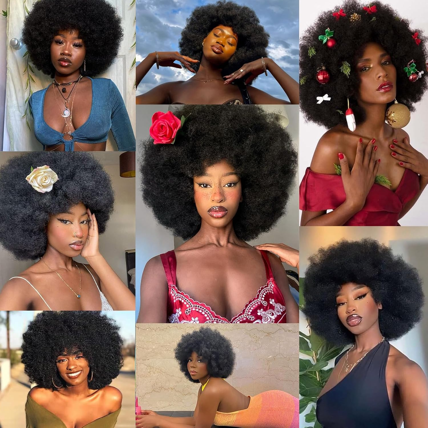 ISAMY 70'S Afro Wigs for Black Women Short Curly Afro Kinky Wig Bouncy Huge Fluffy Puff Wigs Premium Synthetic for Cosplay and Daily (Black) image number 1
