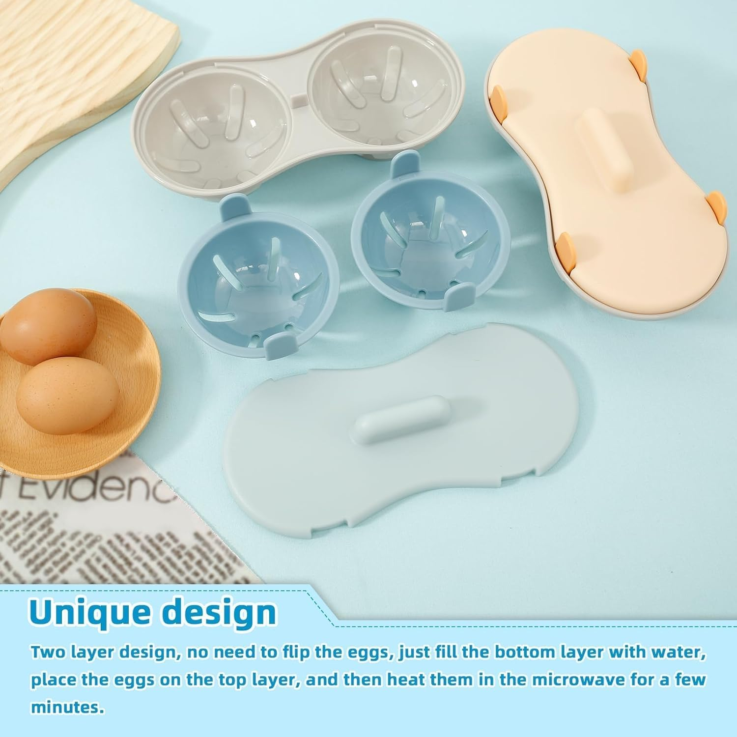 Egg Poacher Microwavable, Microwave Egg Cooker, Breakfast Double Row Egg Cooker, Heat Resistant Egg Maker Poached Egg Steamer Kitchen Gadget (Orange+Blue) image number 2