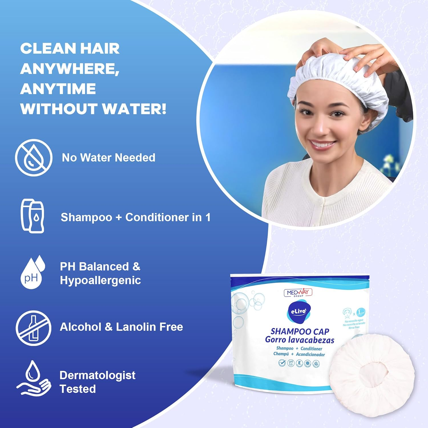 Medvance No Rinse Shampoo Cap | Rinse Free Shower Cap That Shampoos & Conditions | PH Balanced & Hypoallergenic Waterless Hair Wash | 4 Pack image number 3