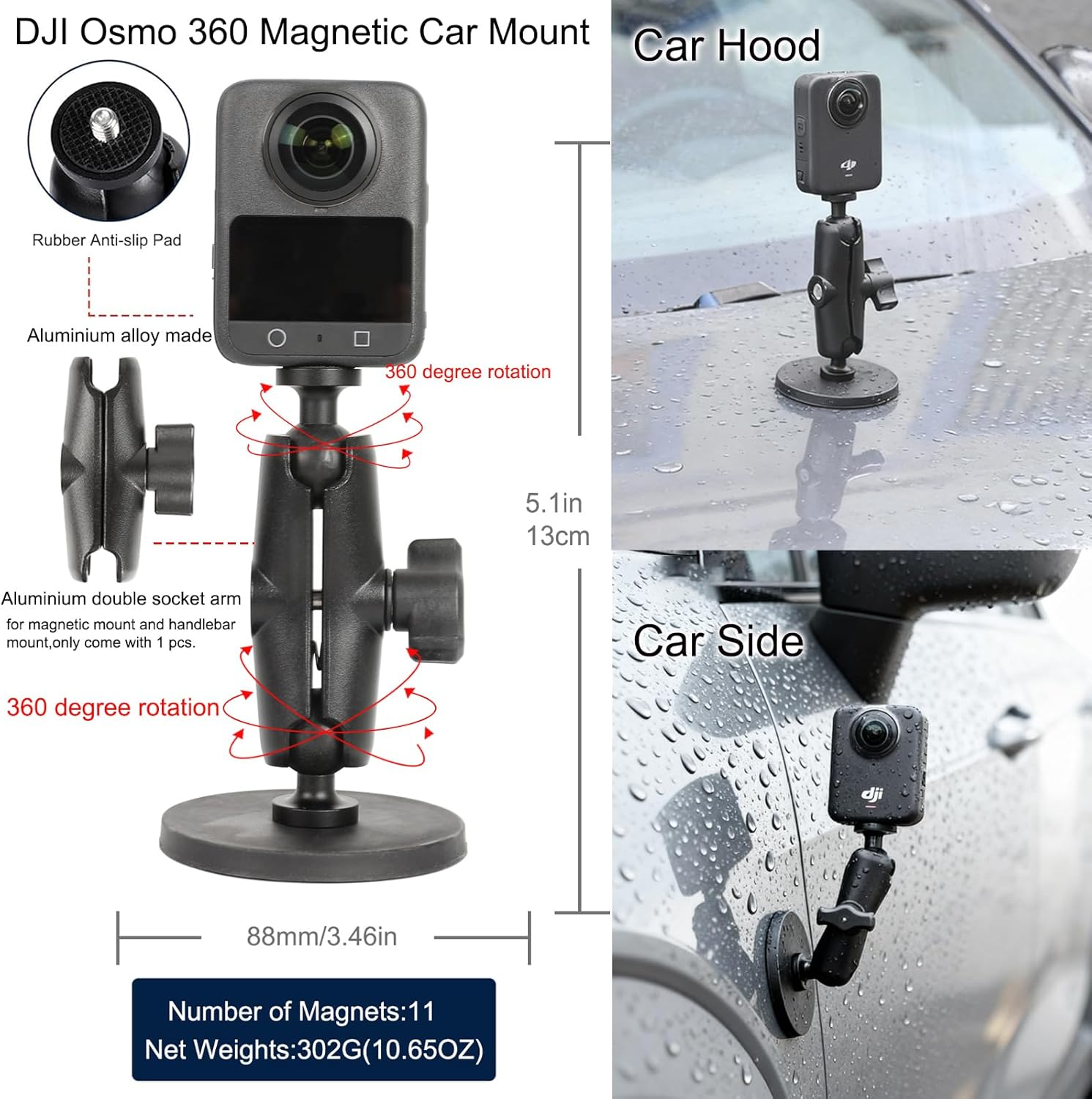 Pellking Accessories Kit for DJI Osmo 360,Included Carrying Case with Belt,2 Pcs Metal 1/4" Adapter,Handlebar Clamp,Magnetic Mount,43In Selfie Stick,Chest Strap,Head Strap,Backpack Mount,And Others image number 3