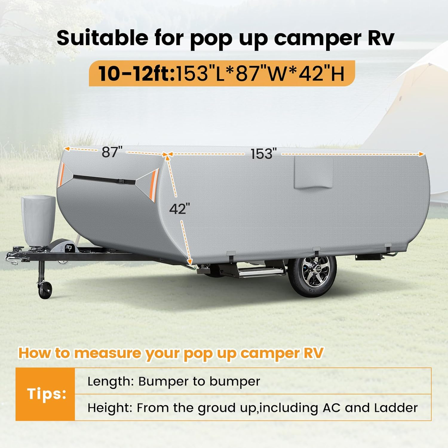 Pop up Folding Trailer Camper Cover Fits 10'-12', Upgraded Heavy Duty Protection Ripstop Waterproof Trailer Cover with 3 Bottom Straps, Anti-Uv Windproof All Season Protection for RV Motorhome image number 4