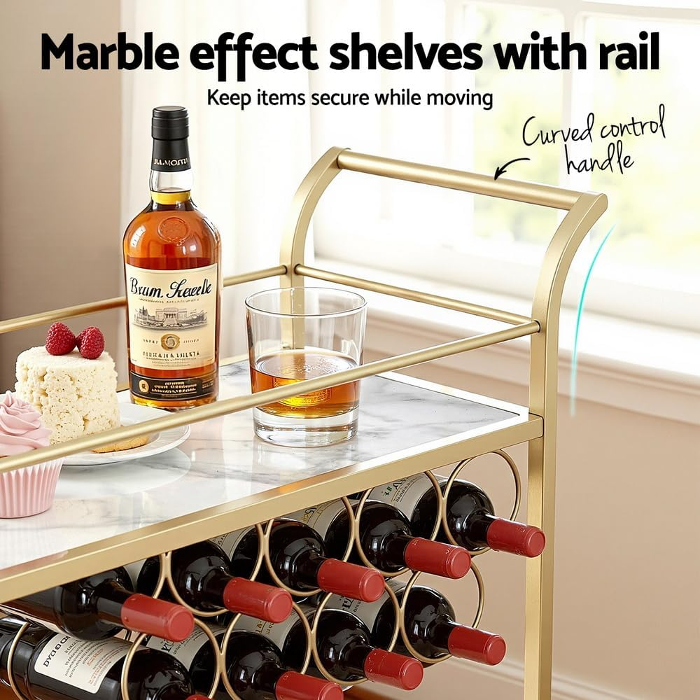 Artiss Bar Cart Drinks Trolley with Marble Effect Shelves, 2-Tier 85Cm Home Serving Cart with Wine Rack Glass Holders - 2 Lockable Wheels Perfect for Kitchen, Living Room, Outdoor, Curved Handle, Gold image number 5
