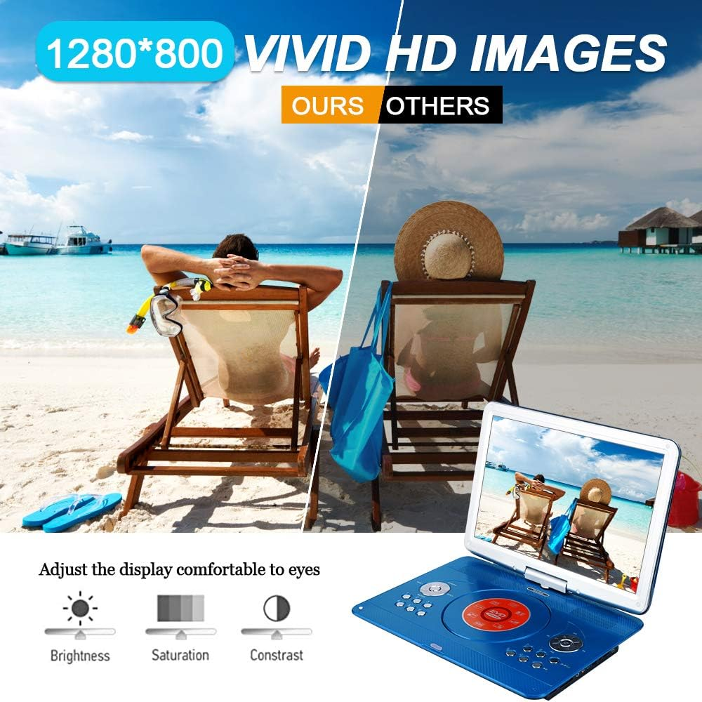 YOOHOO 16.9'' Portable DVD Player with 14.1'' Large Swivel Screen, DVD Player Portable with 6Hrs Rechargeable Battery,Mobile DVD Player for Kids,Sync TV, Support USB SD Card with Car Charger(Blue) image number 4