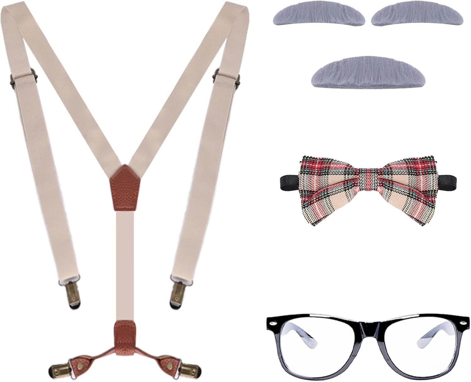 Kids Old Man Costume Set Grandpa Dress up Accessories Kit Glasses Suspenders Bow Tie Mustache Eyebrows Men image number 6