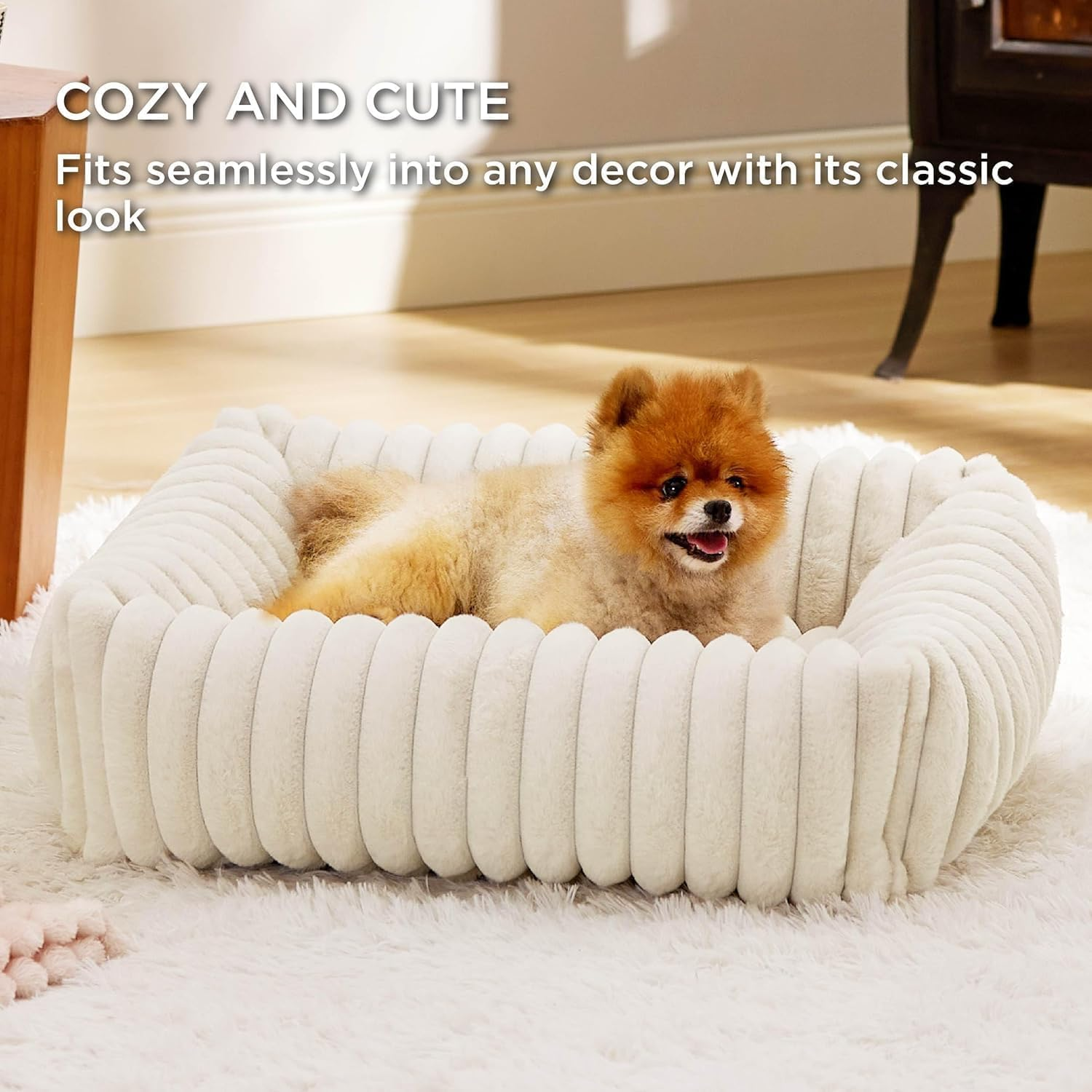 Pet Couch Bed for Small Medium Dogs, Cats - Washable Furry Puppy Beds, Rectangle Orthopedic Corduroy Fleece Pet Beds with Removable Zipper Cover (White, 63 X 53 X18 CM) image number 1