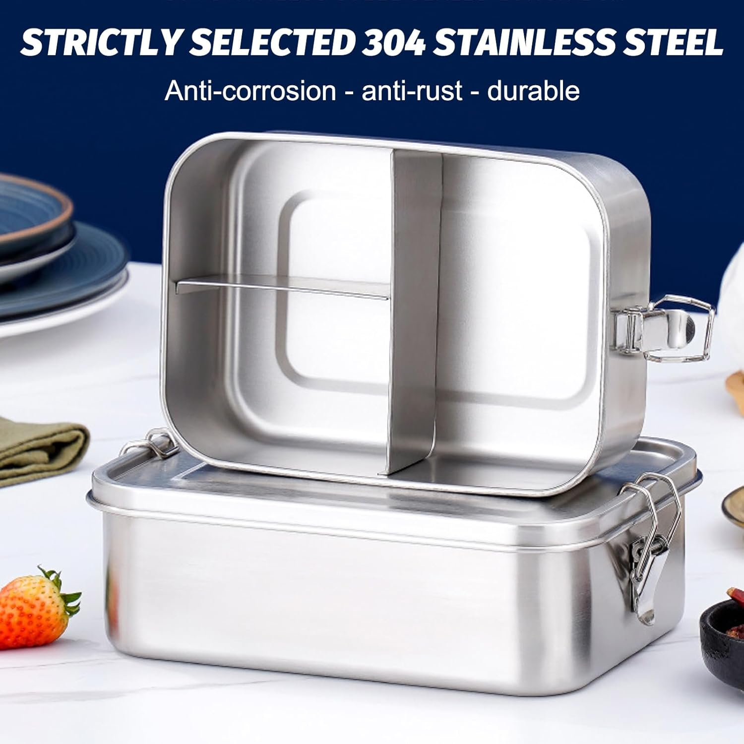 Stainless Steel Bento Lunch Box 1200ML, 3-Compartment Metal Lunch Box for Kids & Adults, Eco-Friendly Meal Prep Container with 45Ml Leak-Proof Dip Container image number 2