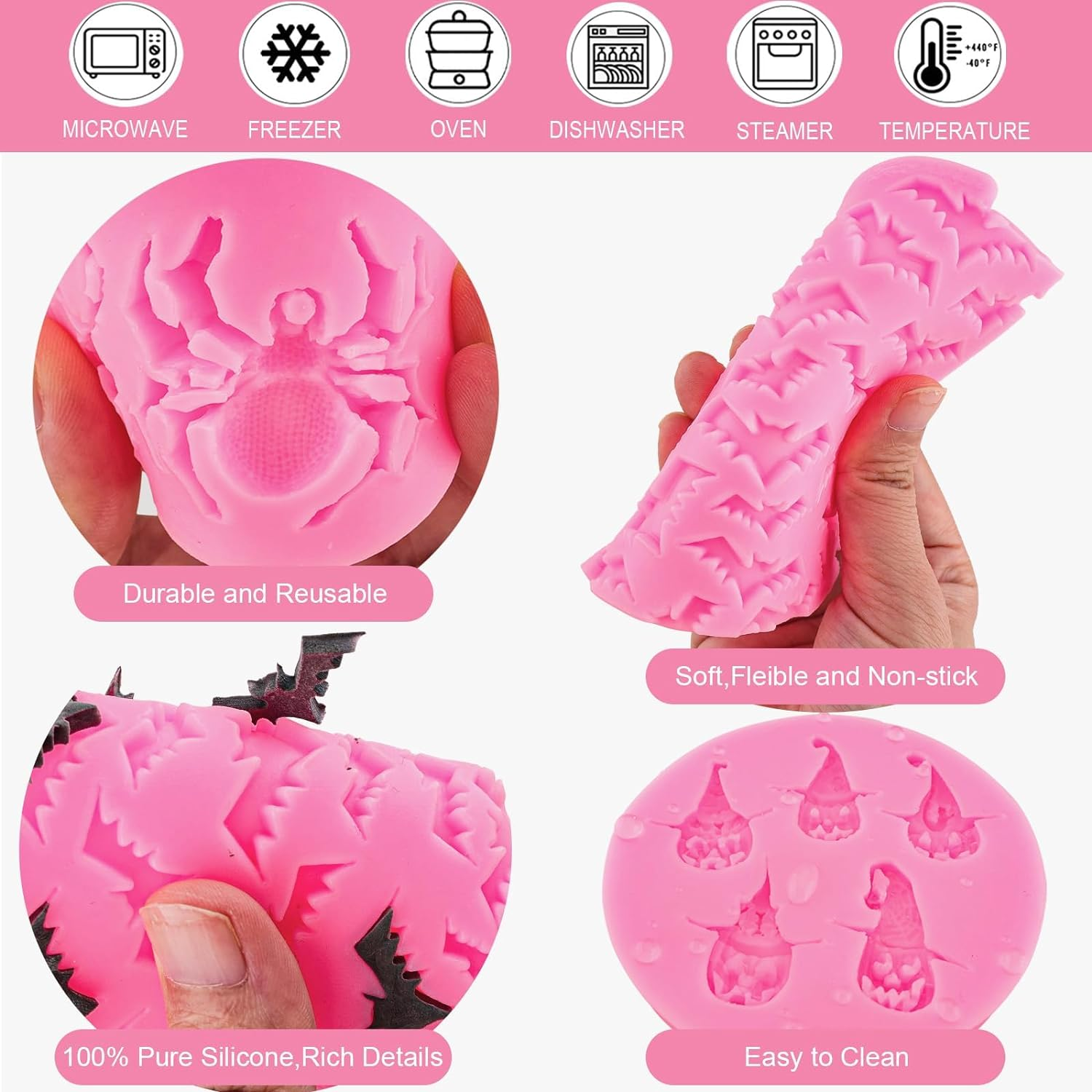 Halloween Molds Silicone Pumpkin Skull Spider Batskeleton Hand Bat Ghost for Chocolate Candy Fondant Polymer Clay Cupcake Gummy Cake Decorating image number 5