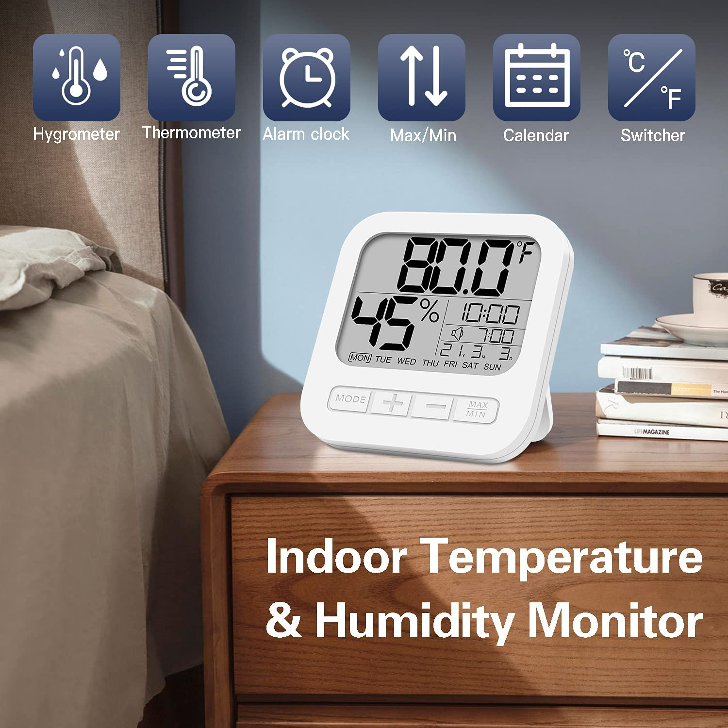 Indoor Digital Thermometer Hygrometer, Accurate Room Temperature Gauge Humidity Monitor with Alarm Clock- Easy to Read, Max/Min Records, LCD Display for Home Office image number 1
