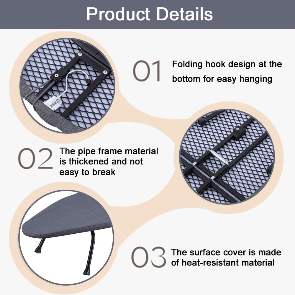 MOTRAIN Folding Ironing Board Iron Board Hanger Wall Mount, Foldable Table Top Ironing Boards with Adjustable Legs and Built-In Iron Rest, Ironing Cloth, Compact and Lightweight, Black image number 6