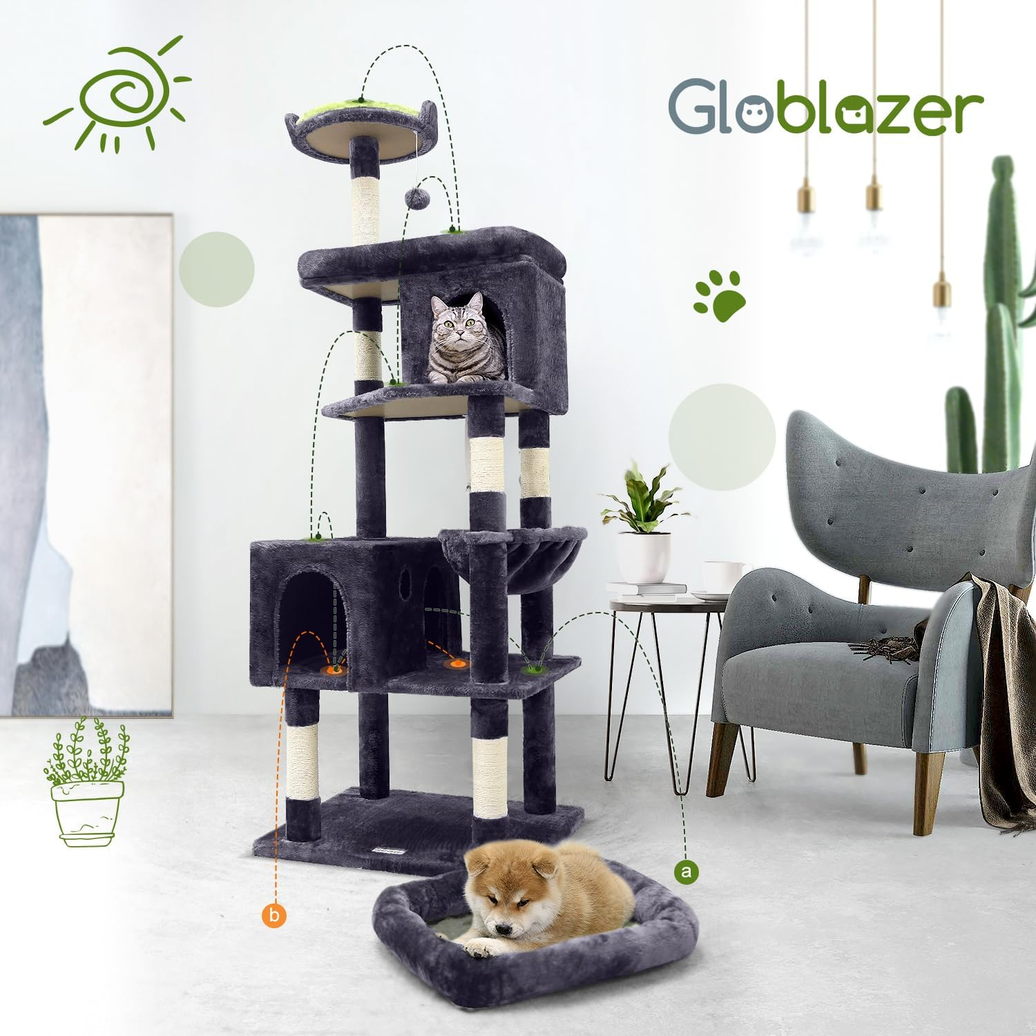 Globlazer Heavy Duty Cat Trees for Large Cats, Sturdy 72In Maine Coon Cat Tree for Large Cats 20 Lbs+ Heavy Duty Cat Tower for Adult Biggest Cat with 6 Scratching Posts, Hammock, S72, Dark Gray image number 2