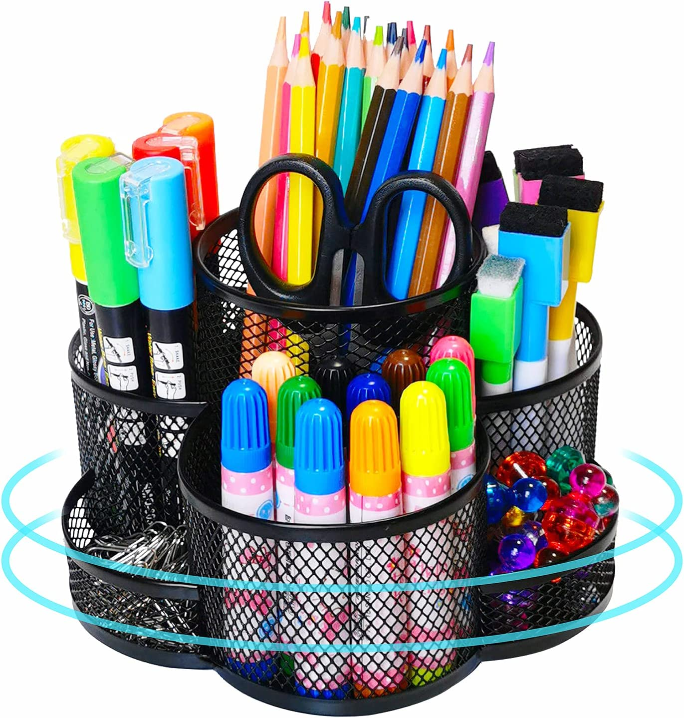 Pen Holder for Desk, 360-Degree Rotating Desk Organizers with 7 Compartments &ndash;Storage 400+ Pencils, Black Desk Accessories & Workspace Organizer Mesh Desktop Caddy for Office School & Art Supplies image number 4