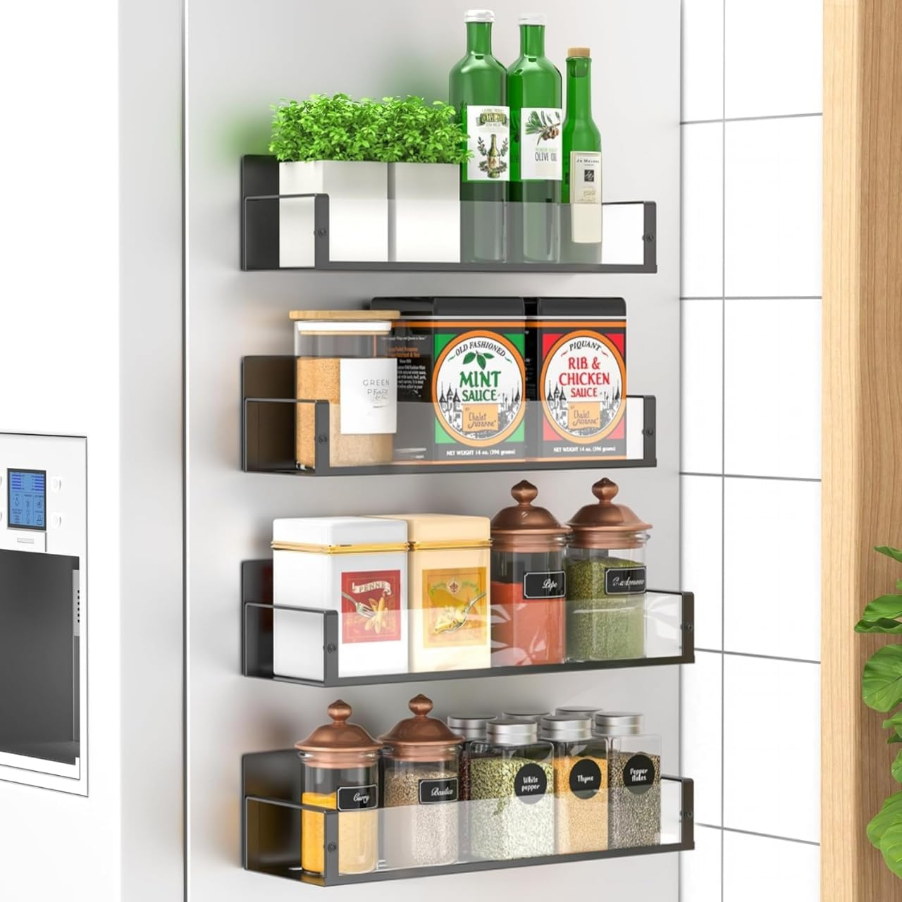 AVITONG Magnetic Bamboo Spice Rack for Refrigerator Side, 4 Pack Strong Magnet Organizer Shelf for Kitchen Storage, No Hooks, Space Saver