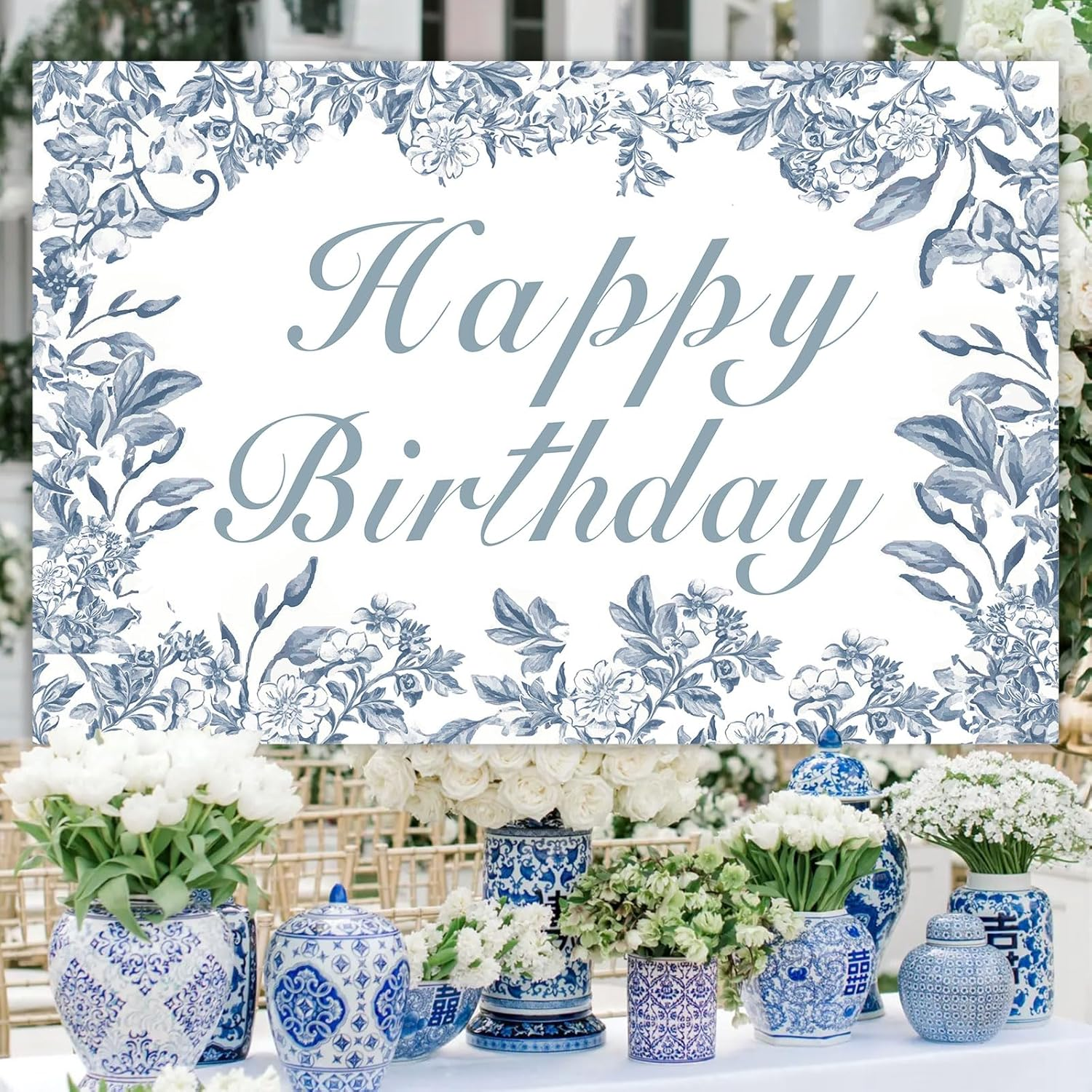 Wonmelody Blue Chinoiserie Birthday Decor 5 * 3Ft Blue Chinoiserie Happy Birthday Backdrop Banner Blue White Floral Backdrop Vintage Floral Party Decor for Chinoiserie Birthday Wedding Bridal Shower image number 1